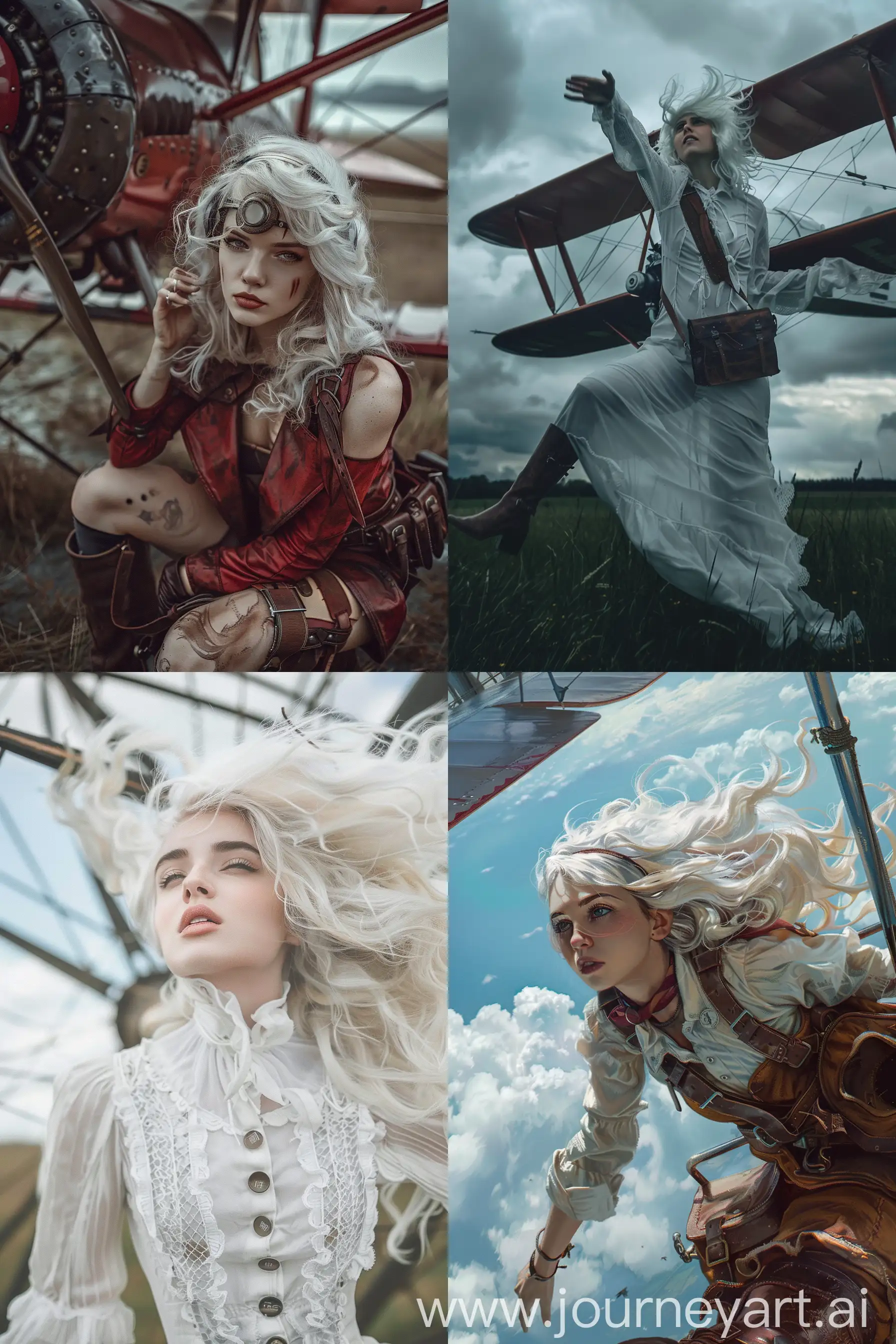 full body beautiful young woman, voluminous white hair :: biplane, wind —v 6.0 —ar 2:3