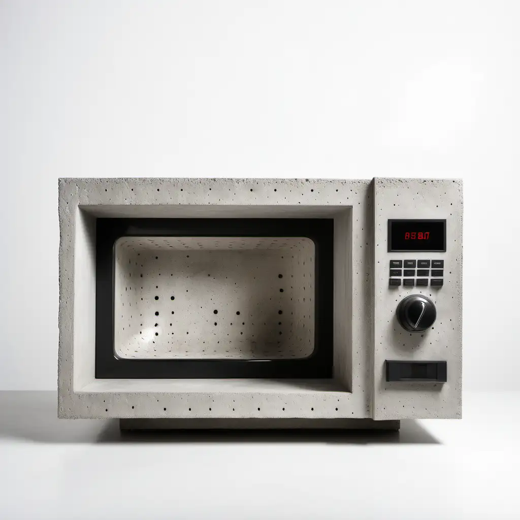 Brutalist microwave, a microwave made of concrete, brutalist architectural style, stark, white background 