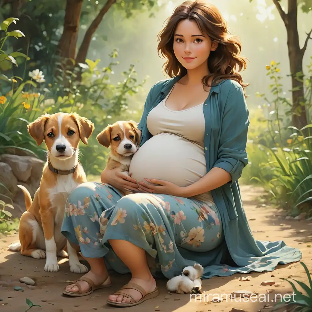 Expectant Mother Sitting with Child and Puppy Cartoonish Inventive Character Design