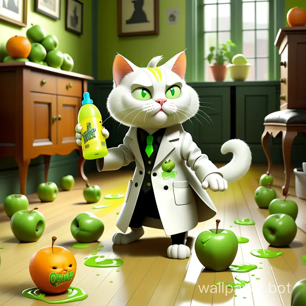 White Cat, dressed in TRASH BUSTER attire, in a frock coat, on the floor are many green apples, walking through a beautiful room, leaving a shine on the floor behind, holding a yellow spray bottle with an orange trigger in hand, with the logo on the bottle Trash Buster.