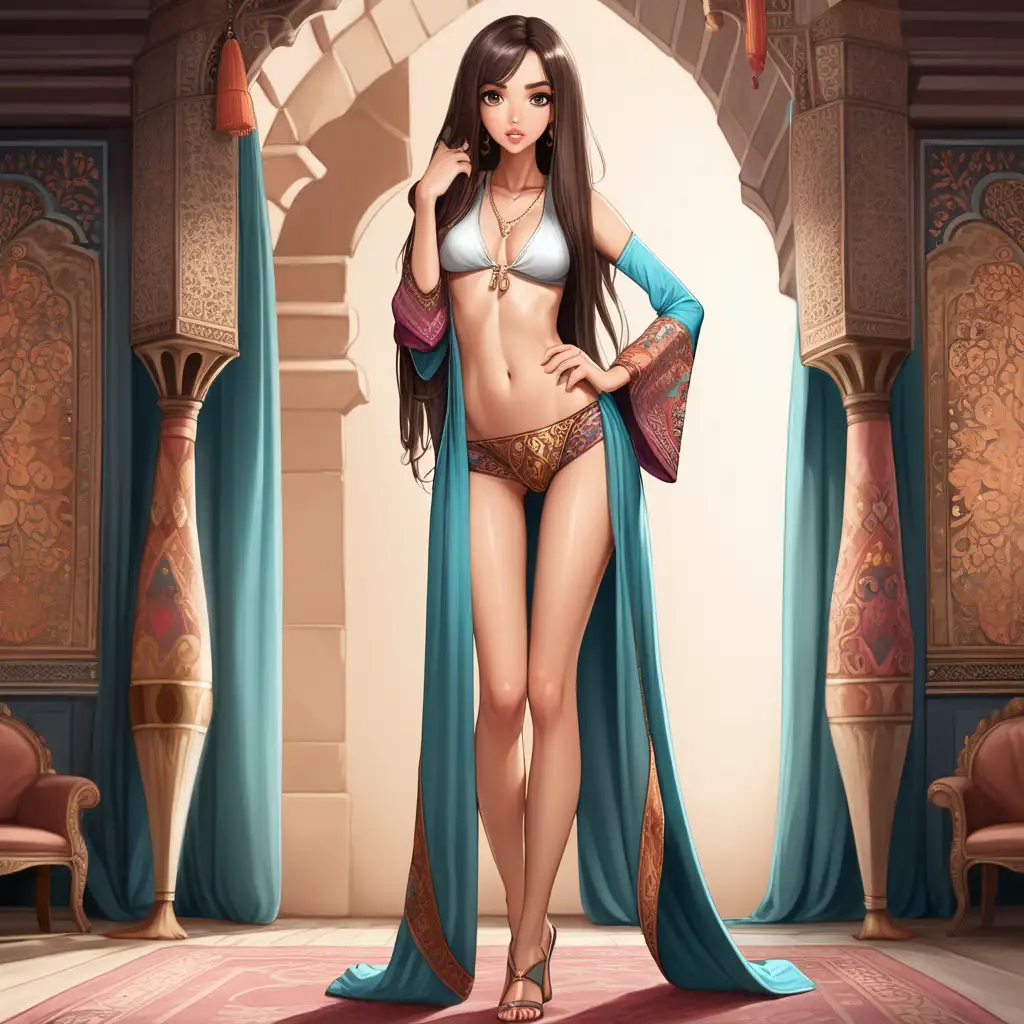 sexy brunette long legs in harem clothes standing looking surprised

