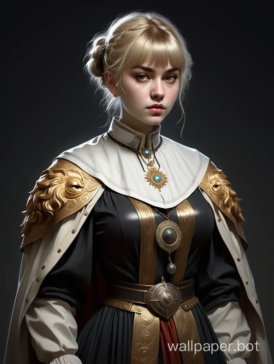 Young Irina Chashchina, a Russian inquisitor and healer, with short light hair and bangs, a large bust of size 4, a narrow waist, wide hips. She wears a shirt with lacing and an ornament in the form of a lion's head, a skirt with metallic overlays, and on her right shoulder, a short cloak. The sketch is black and white, with a white background, in a Victorian style.