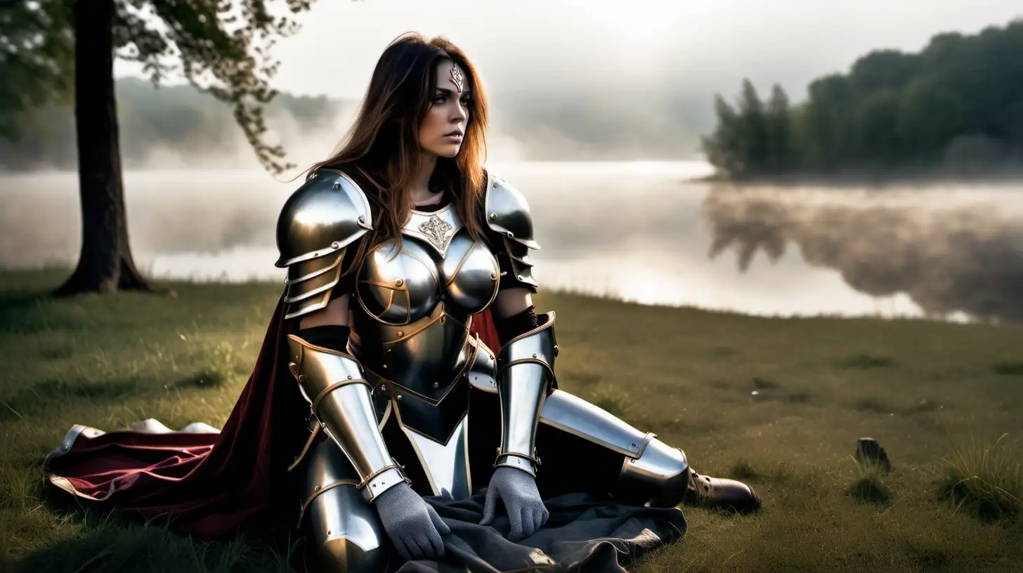 Confident Holy Paladin Woman Resting on Grassland After Battle