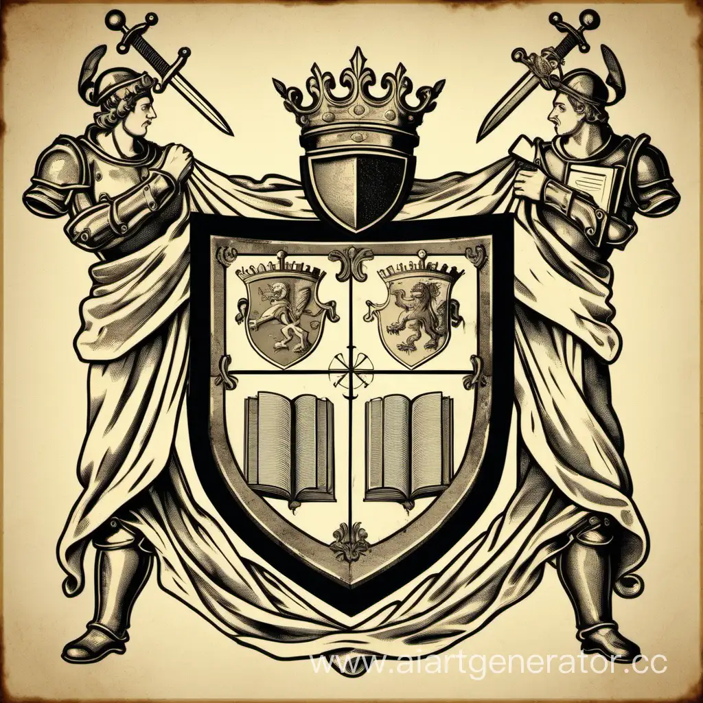 Герб на котором изображены щит , мечи и человек с книгой в руках