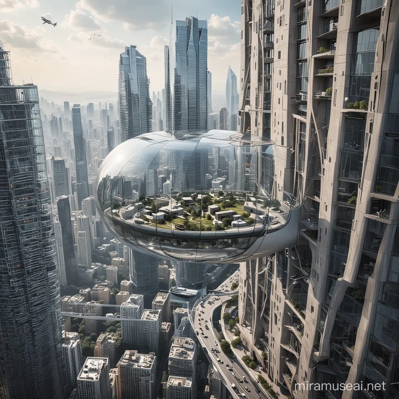 curate a capsule shaped skybridge, connecting tall buildings of height 1 kilometer, in the year 2124, glass material
