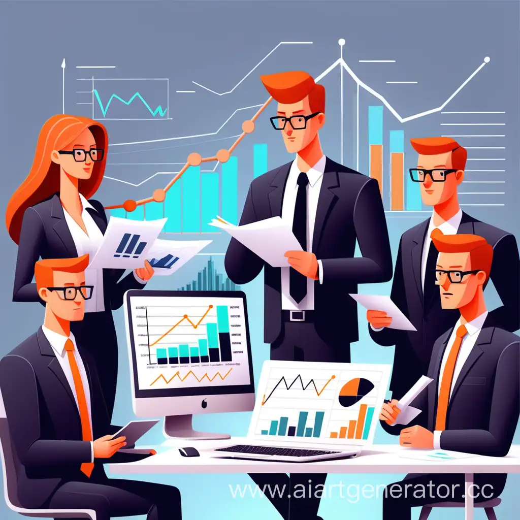 Modern Business Analytics Flat Vector Illustration. Businessmen, Analysts Team Cartoon Characters. Colleagues Studying Charts, Stock Market Statistics. E business, Financial Analysis Metaphor