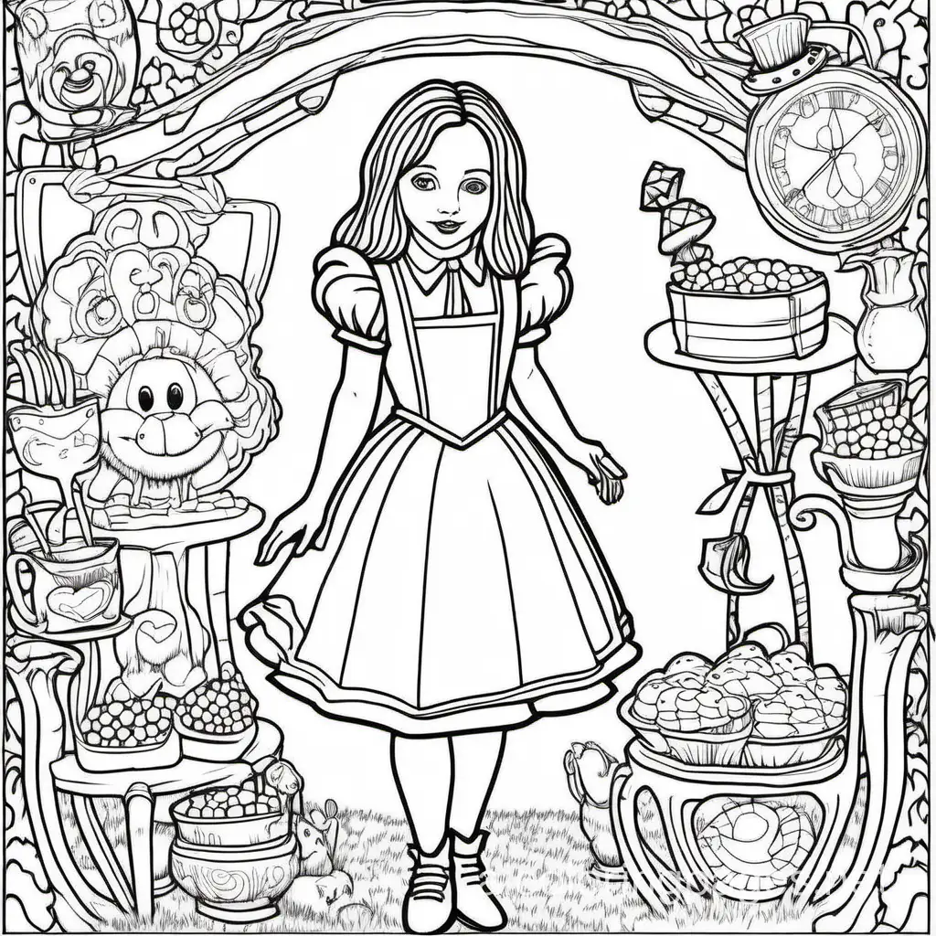 Adult coloring book page, coloring – in page, coloring book, bold outlines featuring Alice in Wonderland, Coloring Page, black and white, line art, white background, Simplicity, Ample White Space. The background of the coloring page is plain white to make it easy for young children to color within the lines. The outlines of all the subjects are easy to distinguish, making it simple for kids to color without too much difficulty