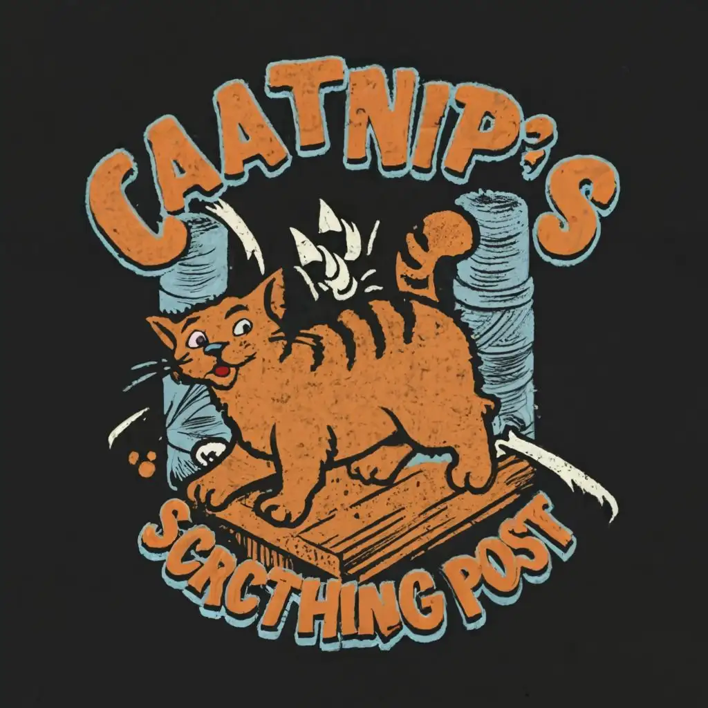 logo, Cat cartoon, Scratching Post, fun, yarn, claws, with the text "Catnip's Scratching Post", typography