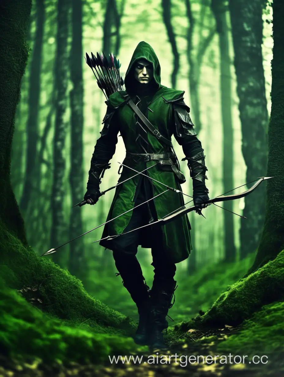 Dark fantasy skiny man rogue with bow and arrows in the green forest