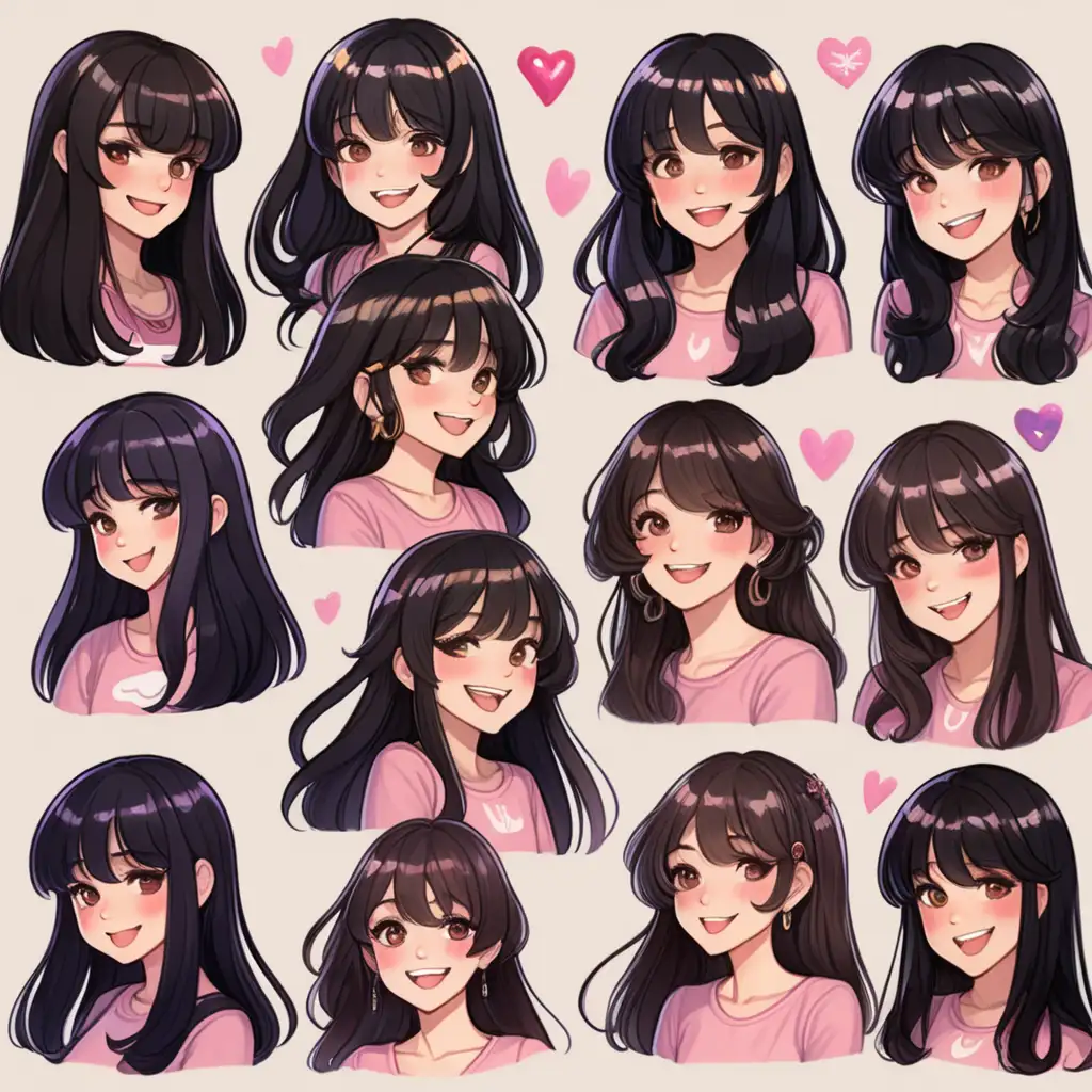 8 separate twitch emote drawings of dark haired adult women with layered bangs, the women are smiling, white teeth, sparkly eyes, long wavy layered flowing black hair, dark brown eyes, pink plump lips