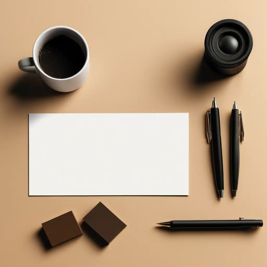 Maquete de um cartão de visita totalmente em branco, em uma mesa de trabalho, com objetos de secretária em volta.