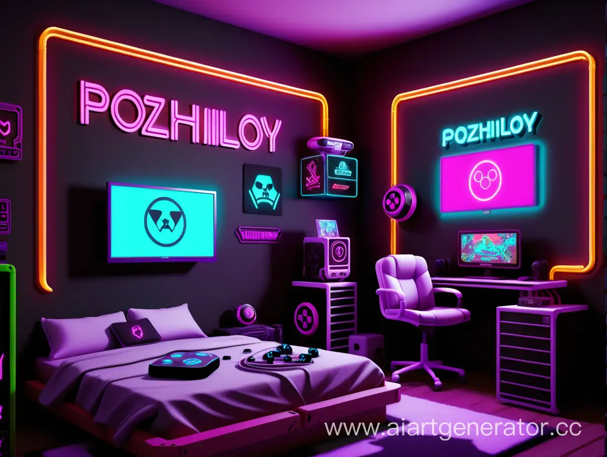 Комната геймера в неоновом стиле, на стене надпись "Pozhiloy Vitalya"