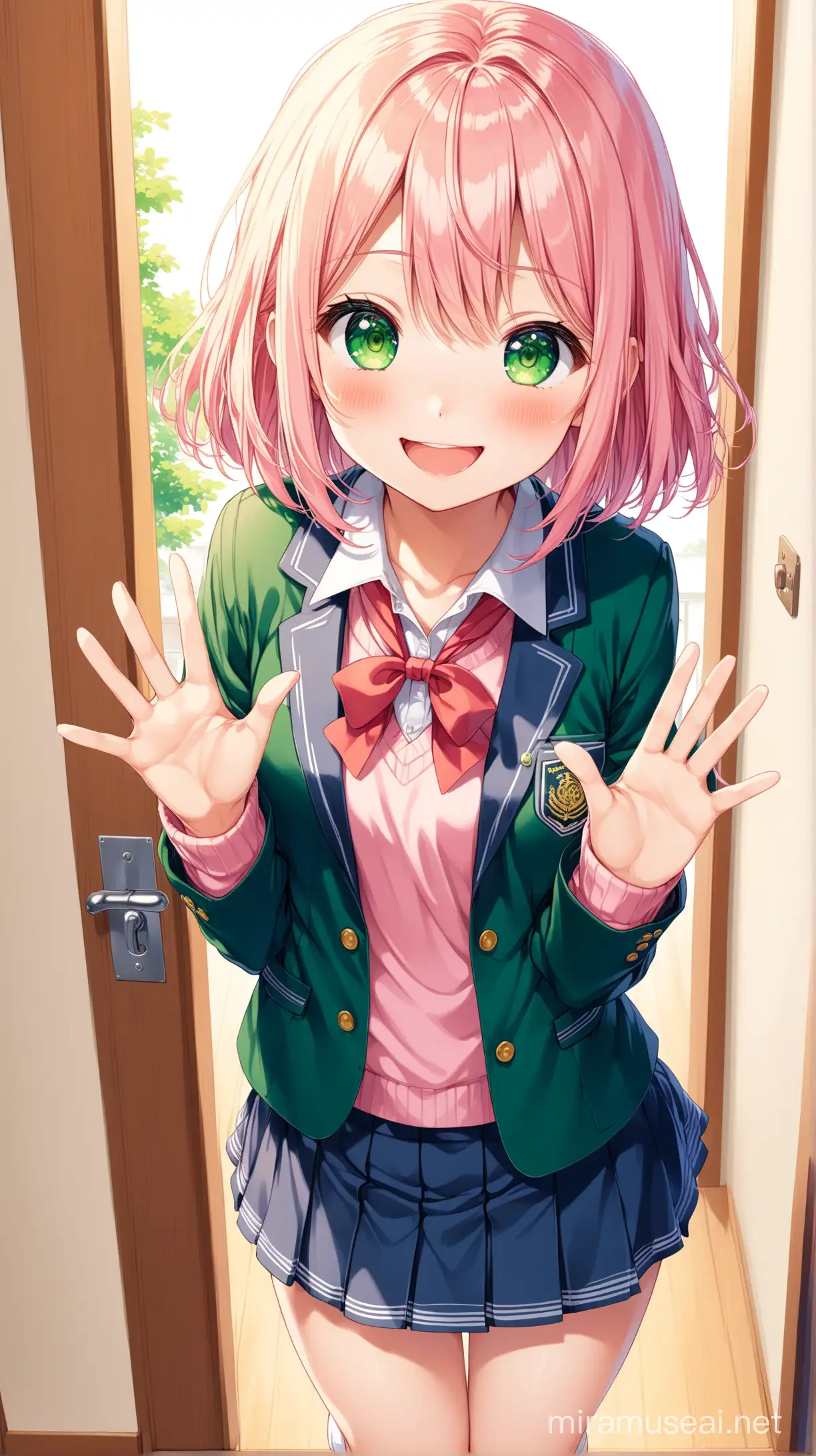 Yui Yuigahama, High-quality anime illustration of cute anime girl, light pink hair with orange gradient hair tips, side bun, ahoge, short straight hair down, (green eyes:1.5), wearing a school uniform with a navy blue blazer and a pink cardigan, detailed hair, cute expression, kawaii, anime, detailed eyes, professional, 16k, hd, high resolution, best quality, cute, (looking at viewer), adorable, petite body, (smiling eyes), skirt, thighs, white ankle socks, shoes, POV, happy, own hands together, perfect anatomy, outside of front door apartment, mouth open, energetic, waving one arm, ohayou!, doorway pov