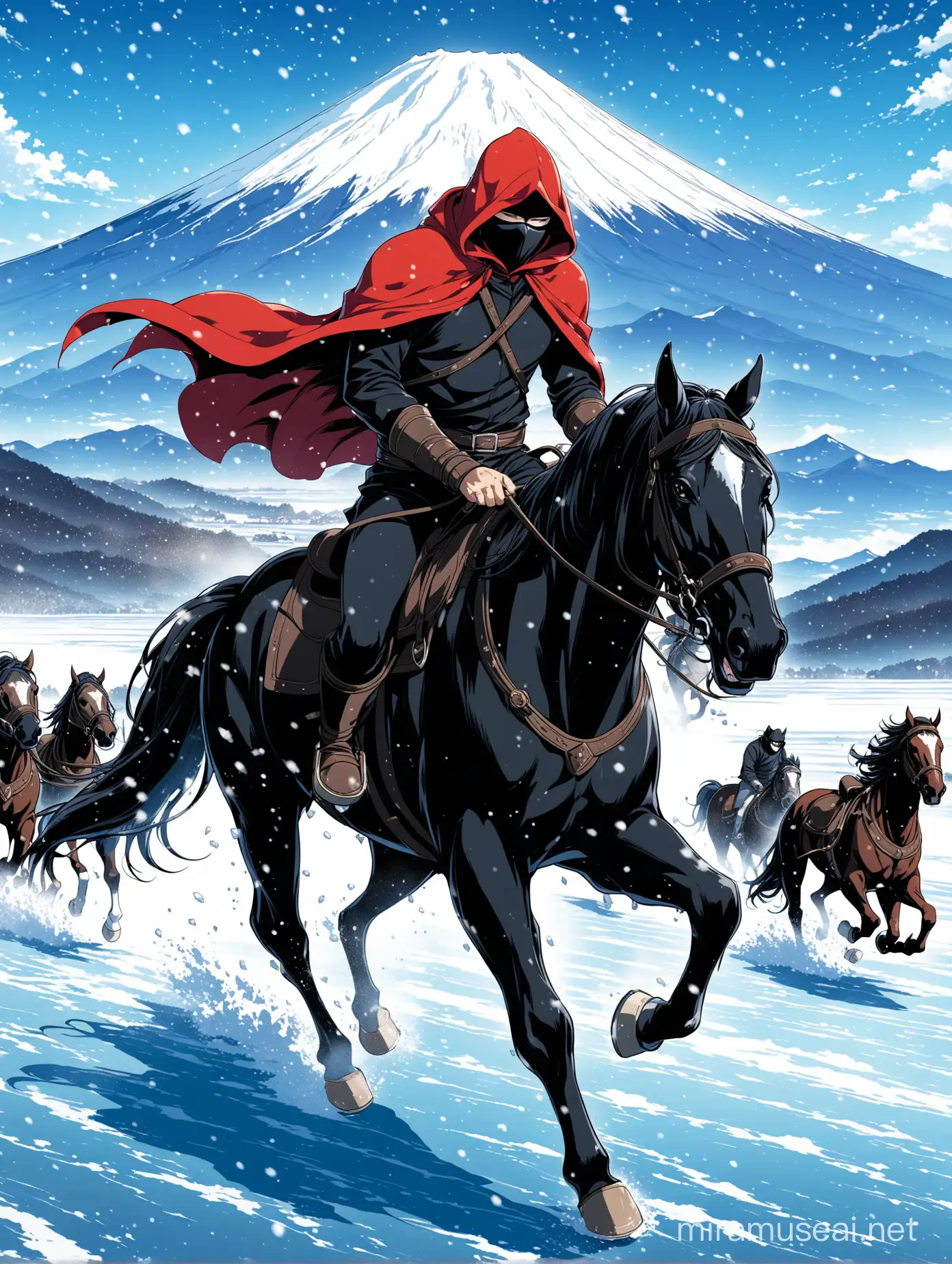 Anime of an old masked fighter wearing a red hood that covers his head and shoulders, and a black mask covering his face, with only his eyes and forehead visible. He rides a black horse, wearing black pants and old black leather shoes. His followers follow him from behind, all of them riding horses, They run on a frozen lake. Snow is falling, and in the background appear icy mountains, including Mount Fuji and its leaves.  Falling
