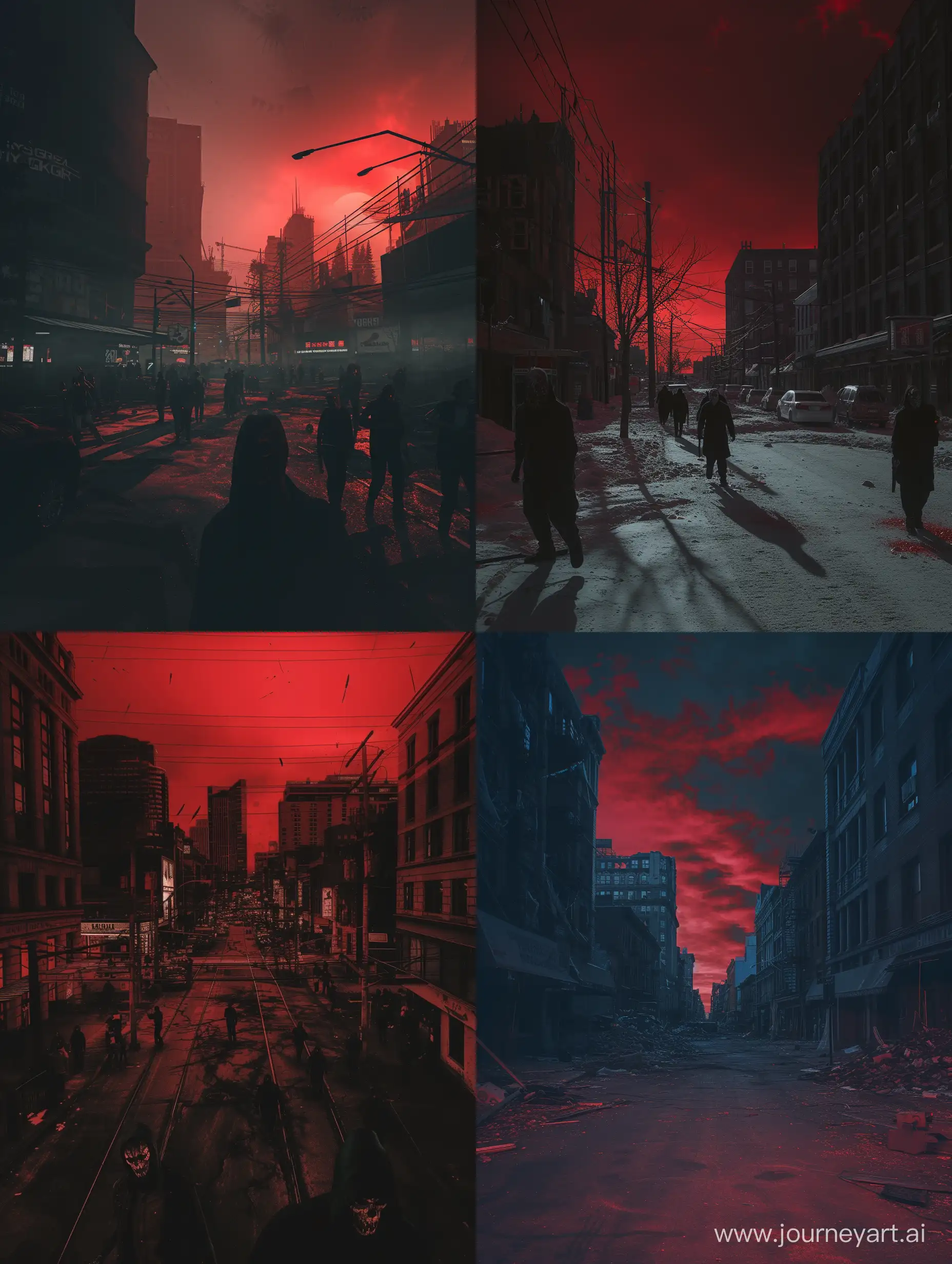 color photo of a dystopian city, its once bustling streets now transformed into a haunting nightmare during an unhinged version of the Purge. The composition captures the eerie atmosphere as twisted individuals, adorned in horrifying masks, roam the desolate streets, indulging in sadistic acts of violence and terror. The lighting is low-key, casting long, ominous shadows that enhance the sinister ambiance. Taken with a high-end DSLR camera, the wide-angle lens (24mm) captures the vastness of the city and the chaos unfolding within it. The scene is captured using a high contrast style, emphasizing deep blacks and stark highlights, intensifying the gritty and oppressive mood. The red filter applied during post-processing creates an otherworldly red hue in the sky, symbolizing the blood-soaked night that has befallen the city, nightmare fuel, horror core