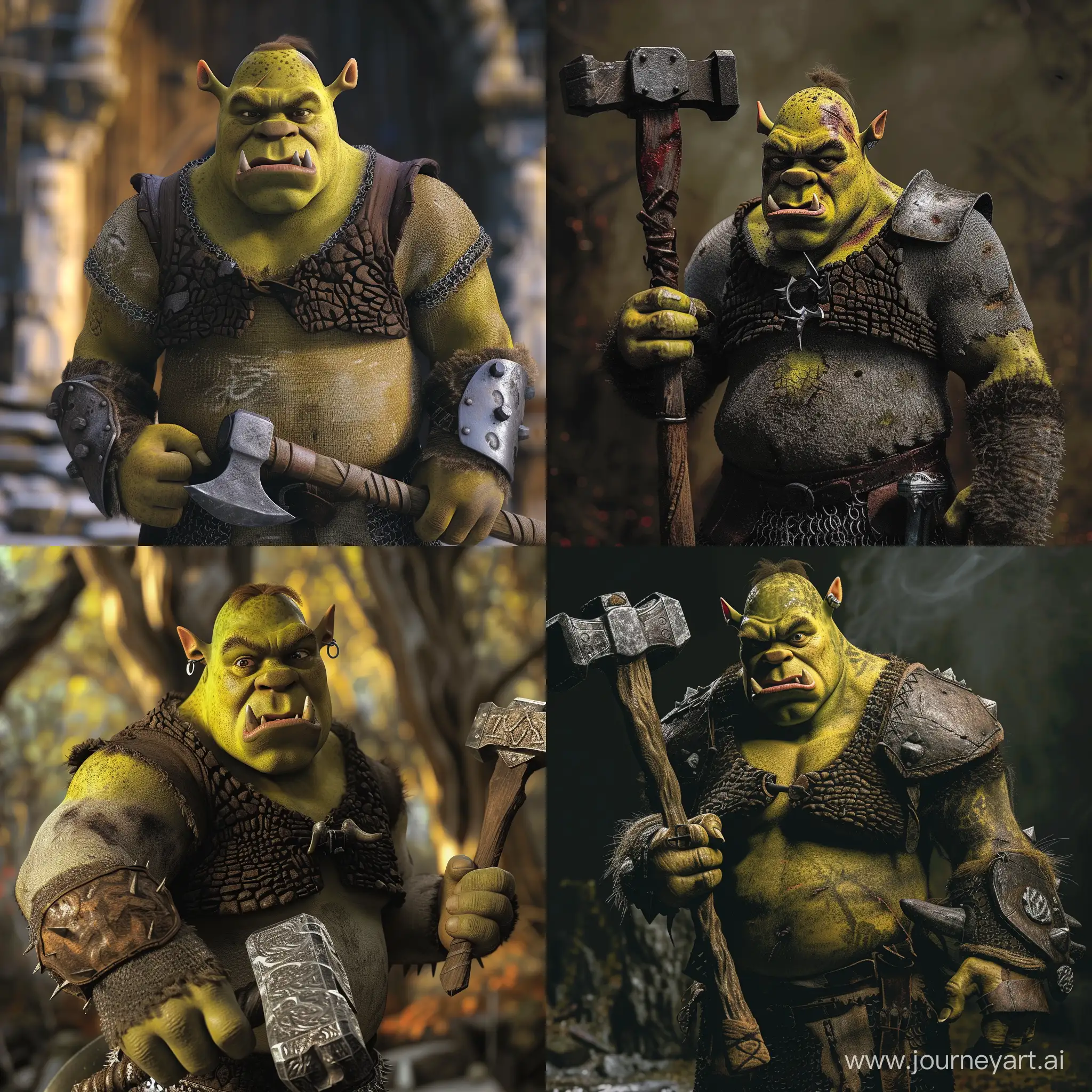 Shrek looking orc, holding a battle hammer