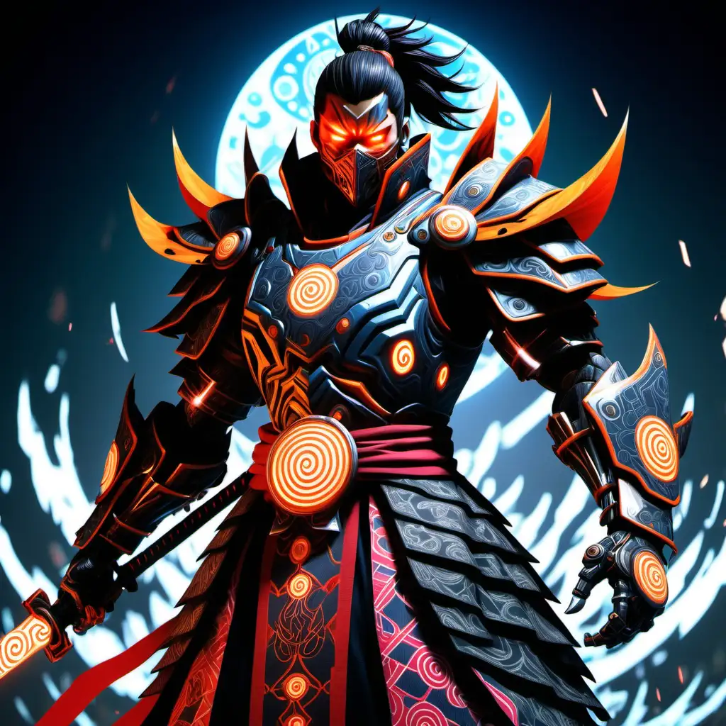 high definition simulation of a video game world boss character creation screen with cyberpunk Samurai ninja, With anime style hair and ying yang eyeballs With glowing lightning fists wearing a beautiful frozen kimono with red black and orange sacred geometry and armored shoulder guards Giant mechanical knight with cape and shining armor