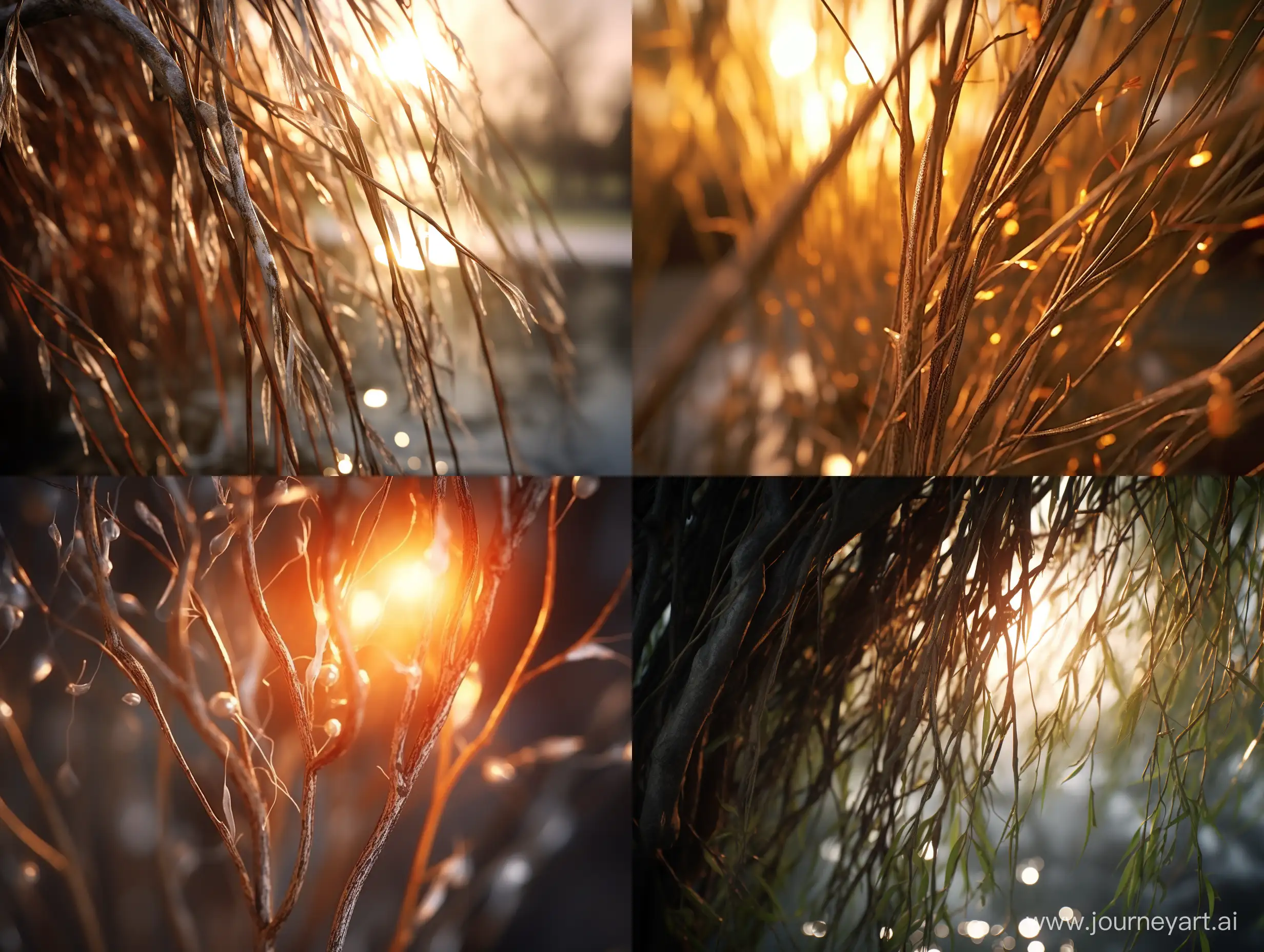 A tiny seed [3] within the fractured branches of a willow tree [1], 8k, closeup, realistic, cinematic lighting, --ar 4:3 --q 2