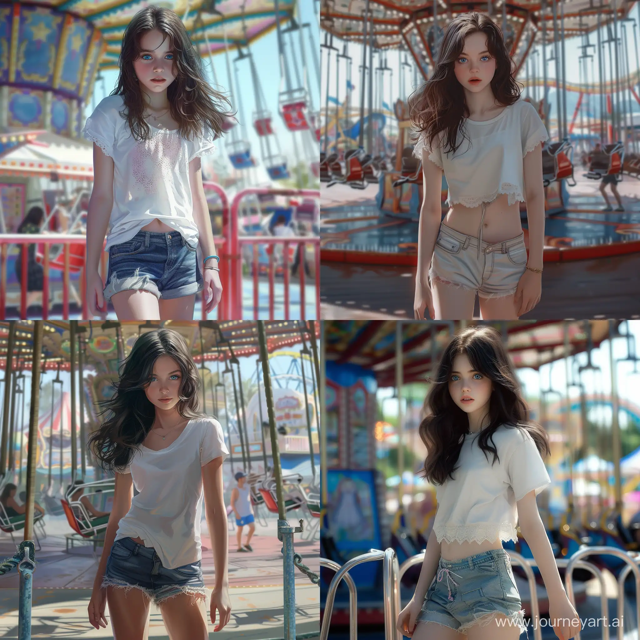 Beautiful girl, dark brown hair, blue eyes, white skin, teenager, 14 years old, T-shirt and shorts, walking in an amusement park, high quality, high detail, realistic art