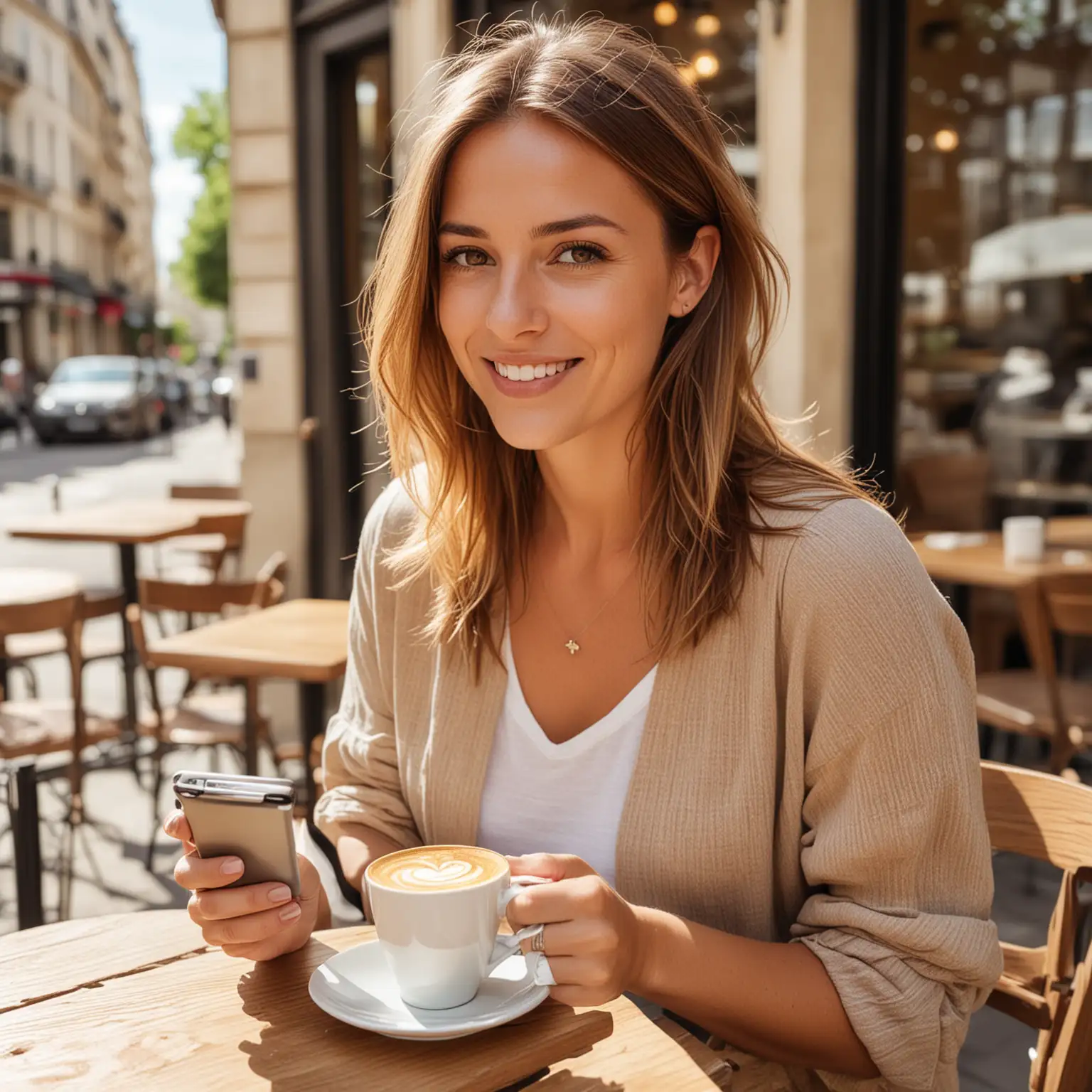 Stylish Woman Enjoying Coffee at a Sunny Parisian Bistro