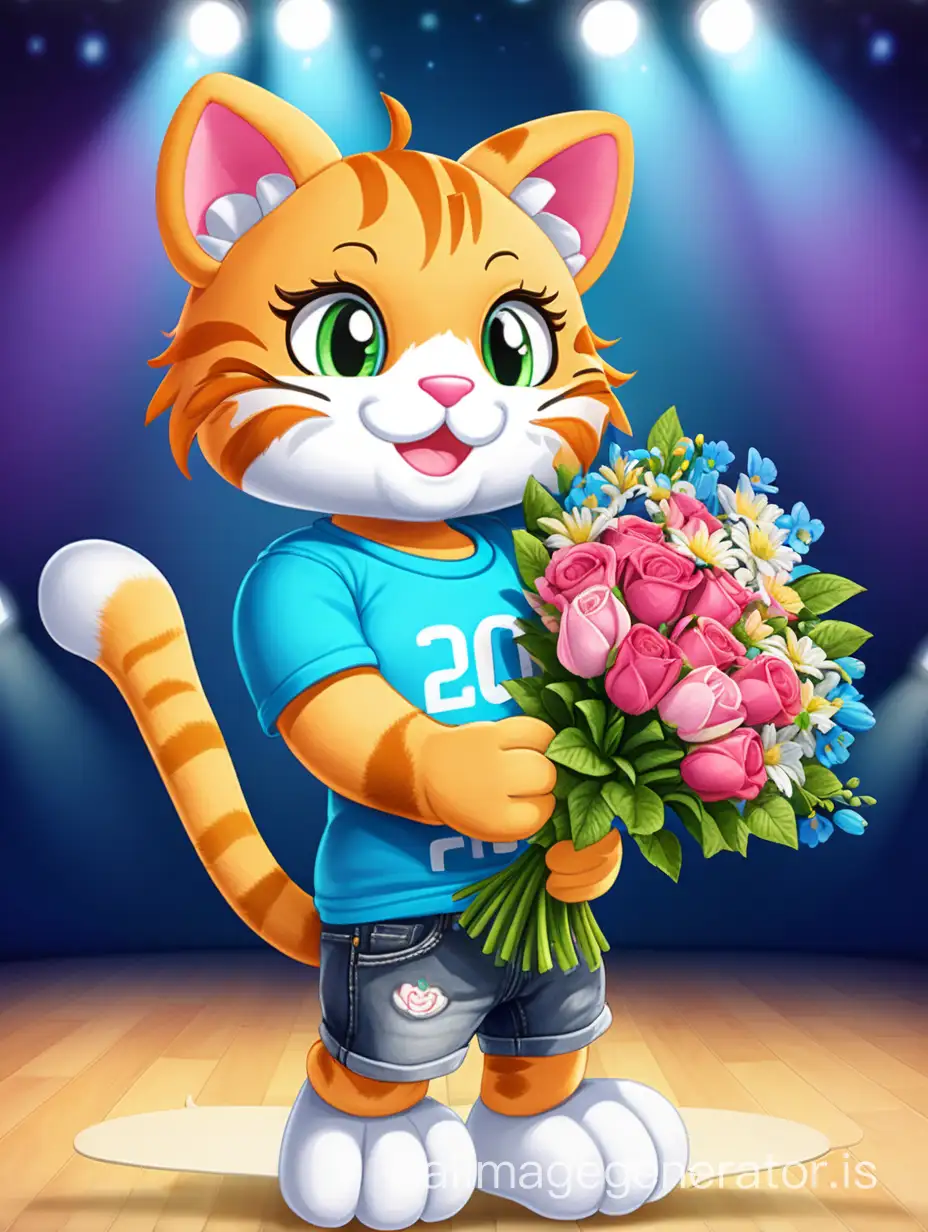 The plush cat mascot in a T-shirt smiles and extends a bouquet to the audience