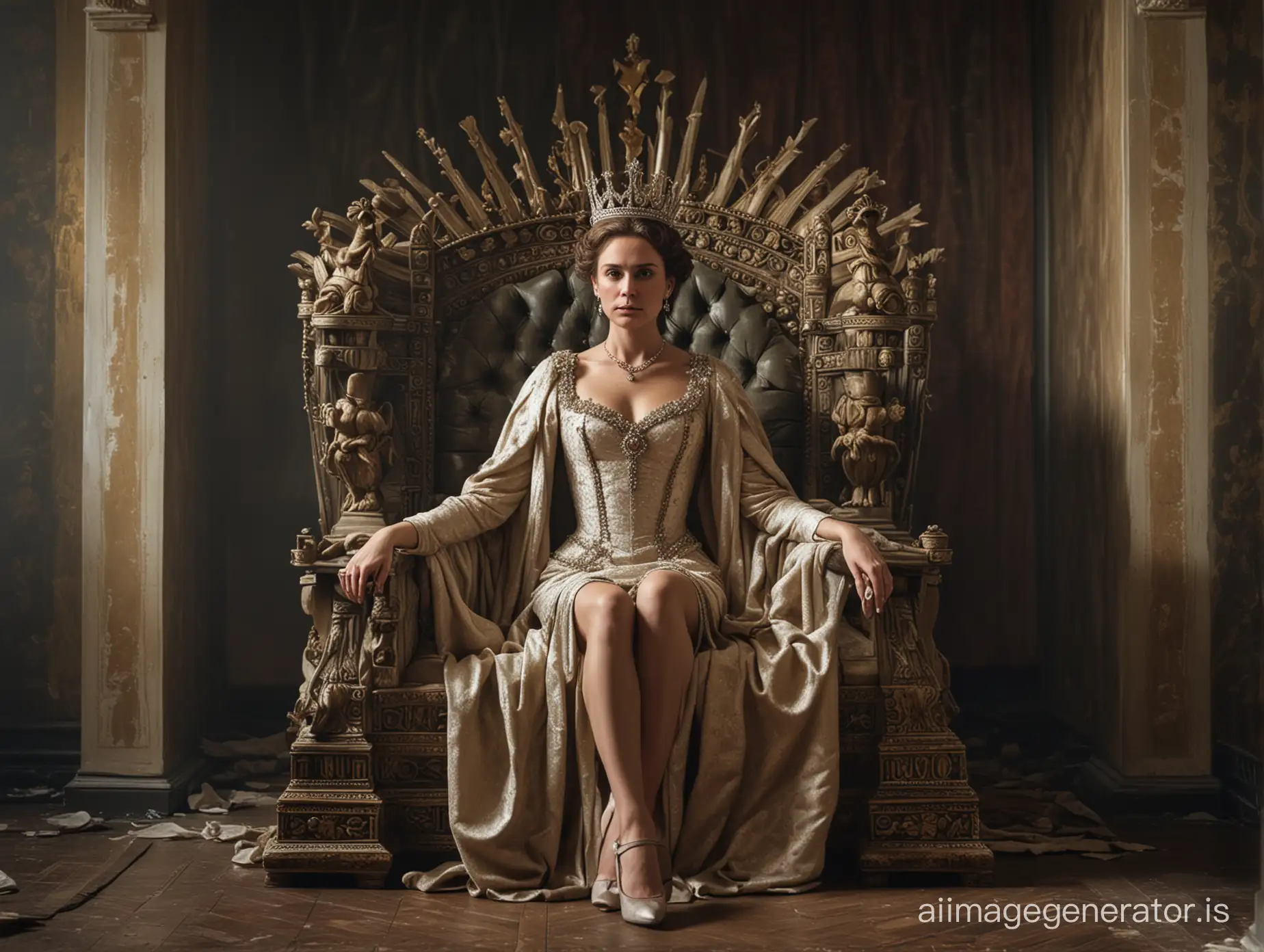 королева в короне, сидит на троне, в плохом доме