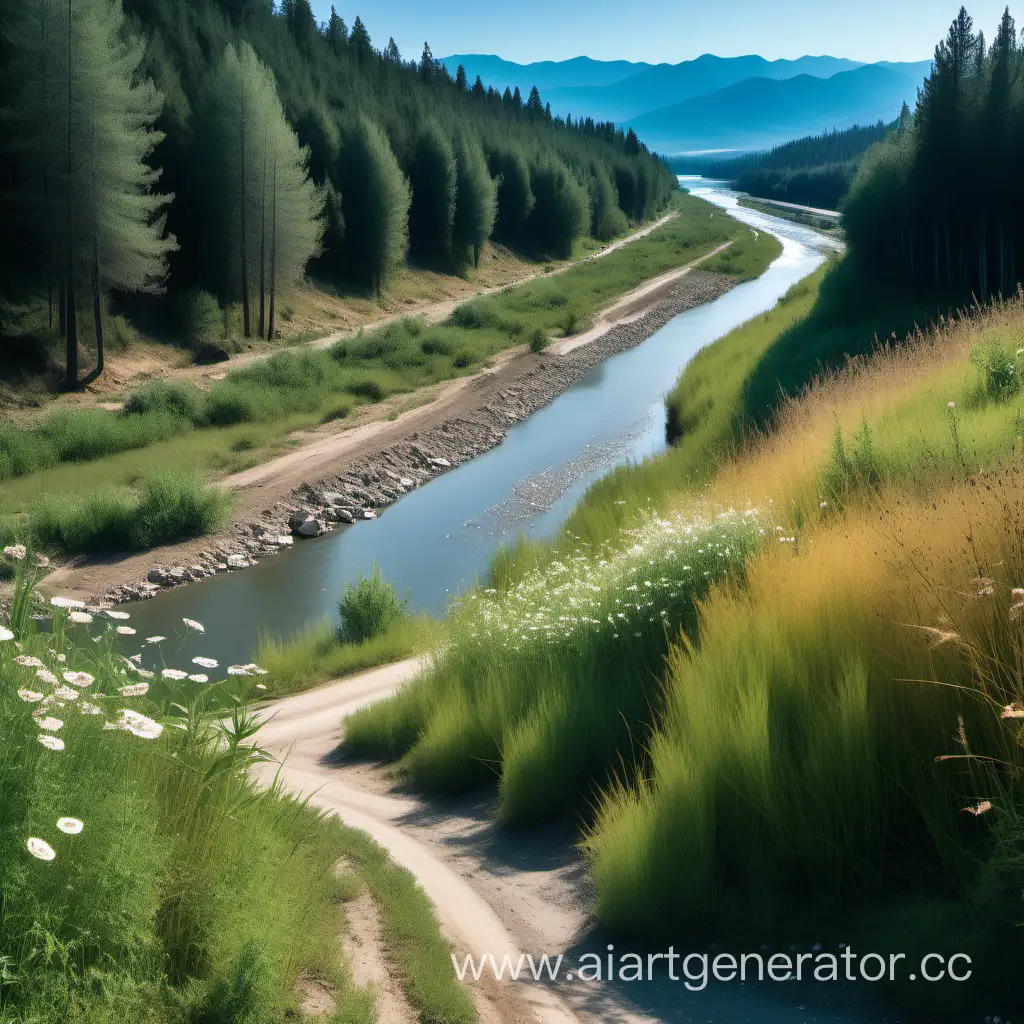 Tranquil-Riverside-Scene-with-Lush-Flora-and-Mountainous-Backdrop