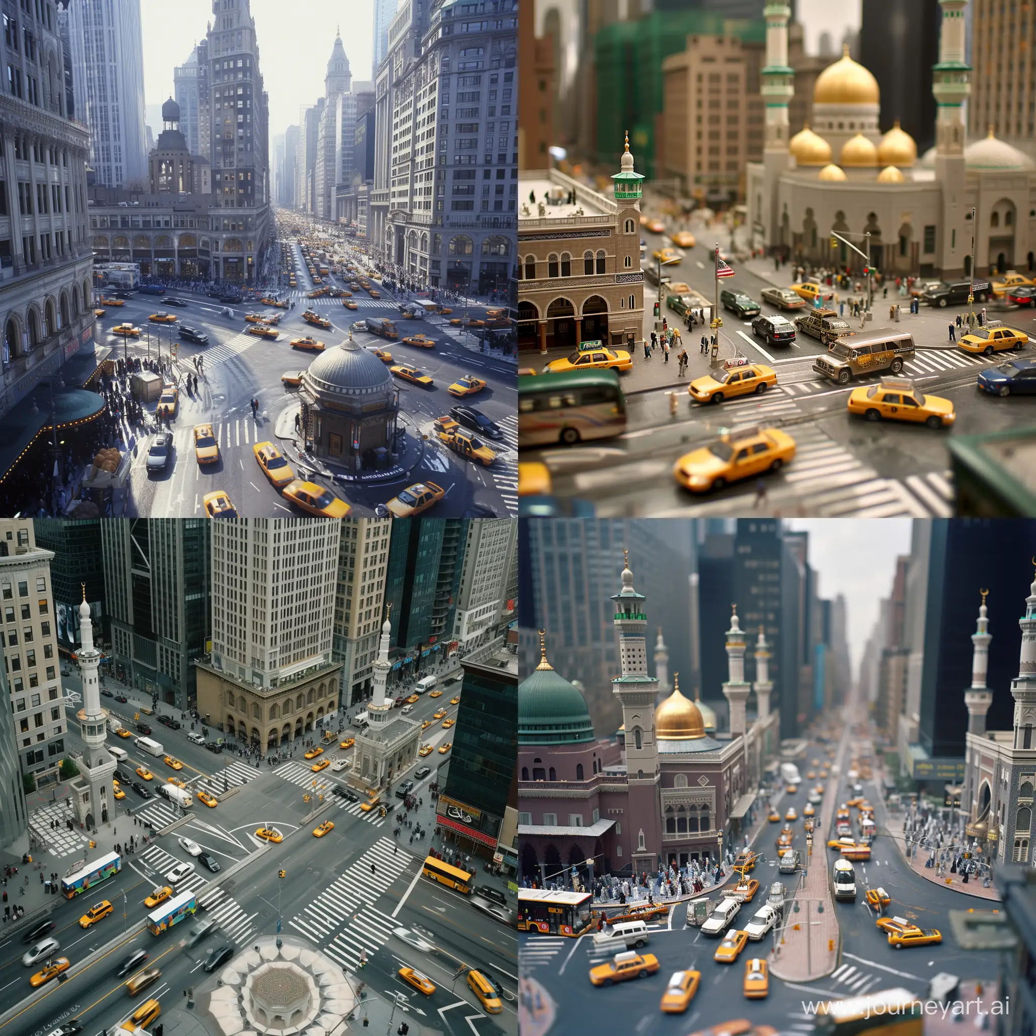 a street intersection with Newyork traffic, full of  Mecca mosque architectures 