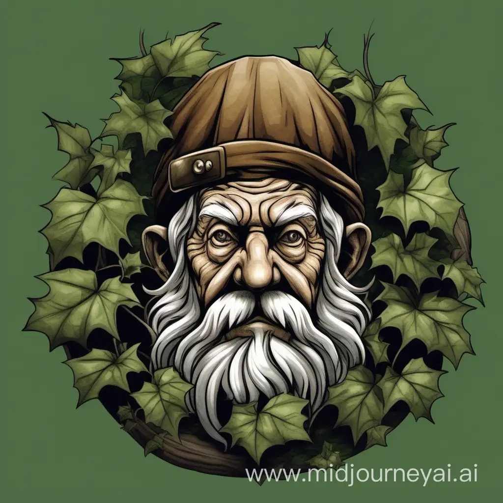A logo with a fictional old person, a nut on the head, a fur over the shoulders, overgrown with ivy, in front of a forest, with transparent background