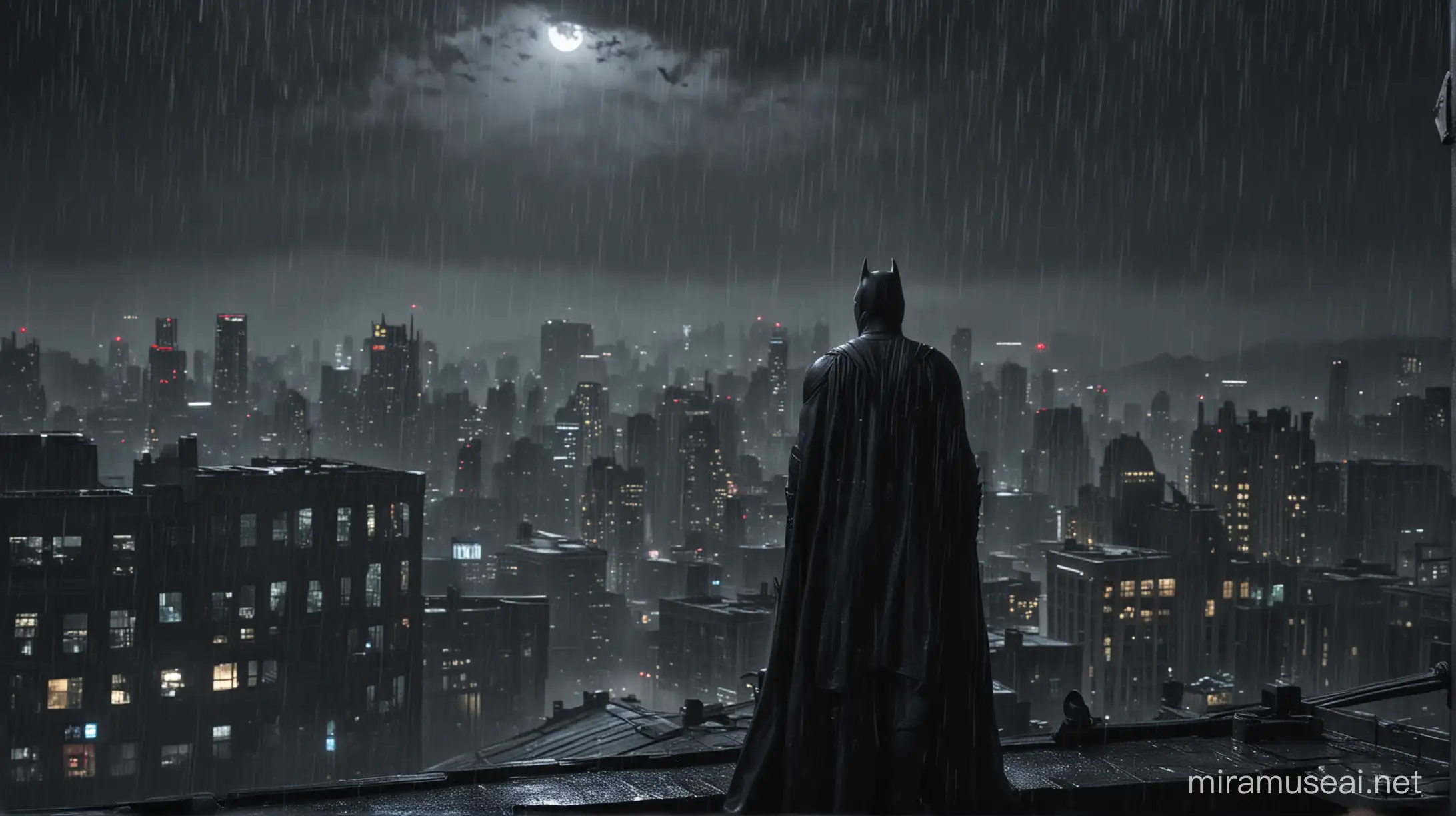 batman watching gotham in a dark rainy night
