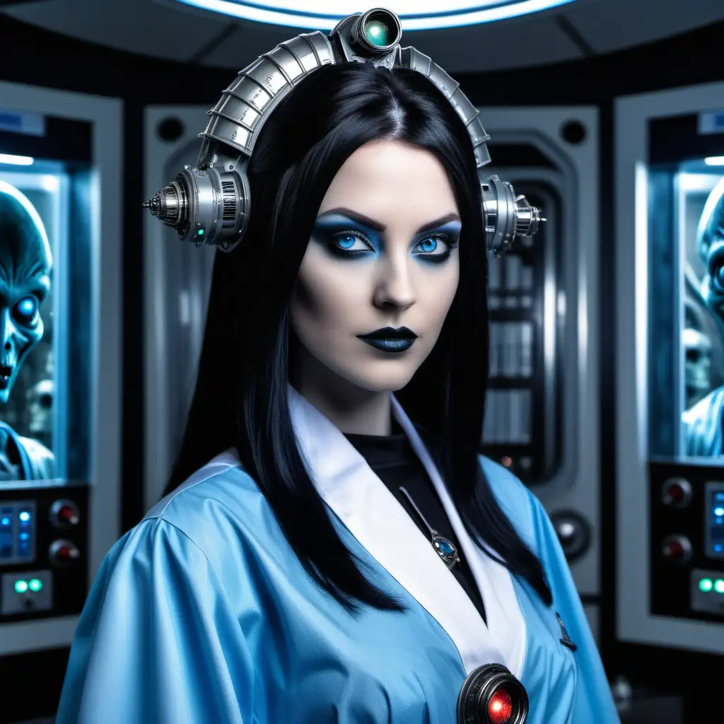 Portrait of a beautiful member of the Adepta Sororitas, wearing a blue hospital gown with shoulderlength straight jet black hair, blue eyes, standing with an alien laboratory in the background of image. A mind control device is on her head.