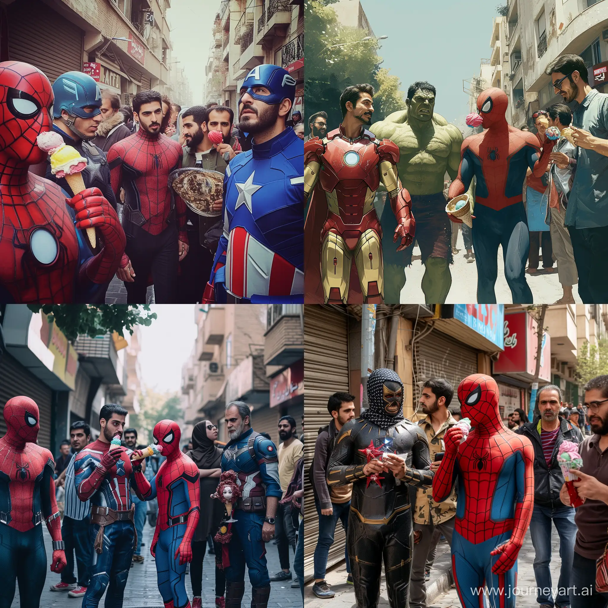 Marvel characters walking in tehran and licking ice cream and people stand around here and see them