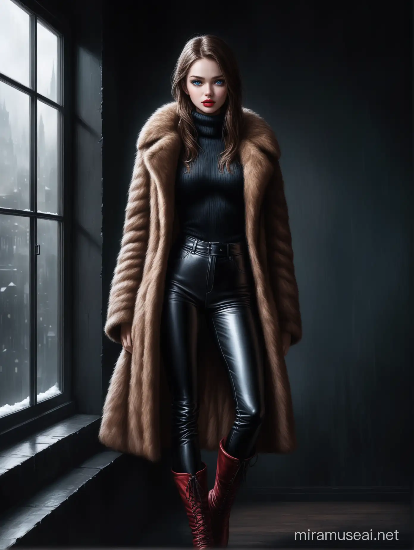 Aivision, full body of beautiful young women with dramatic expression, prety blue eyes ,brown hair, full red lips,She wears leather pants and a turtleneck sweater with long fur coat , she is wearing long  winter boots, full body. she looks out the window anxiously , dark environment and gloomy , image realistic, realistic facial features, Fairy Tail, Extremely detailed , intricate , beautiful ,Pure beautiful features fantastic view , elegant , crispy quality Federico Bebber's expressive, black, neon color