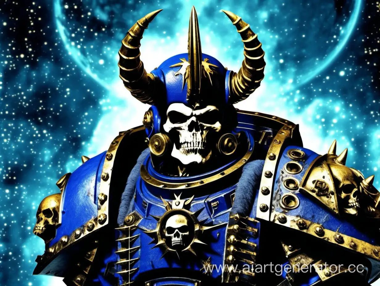 Warhammer 40000 chaos space marine in skull horned helmet, blue space background
