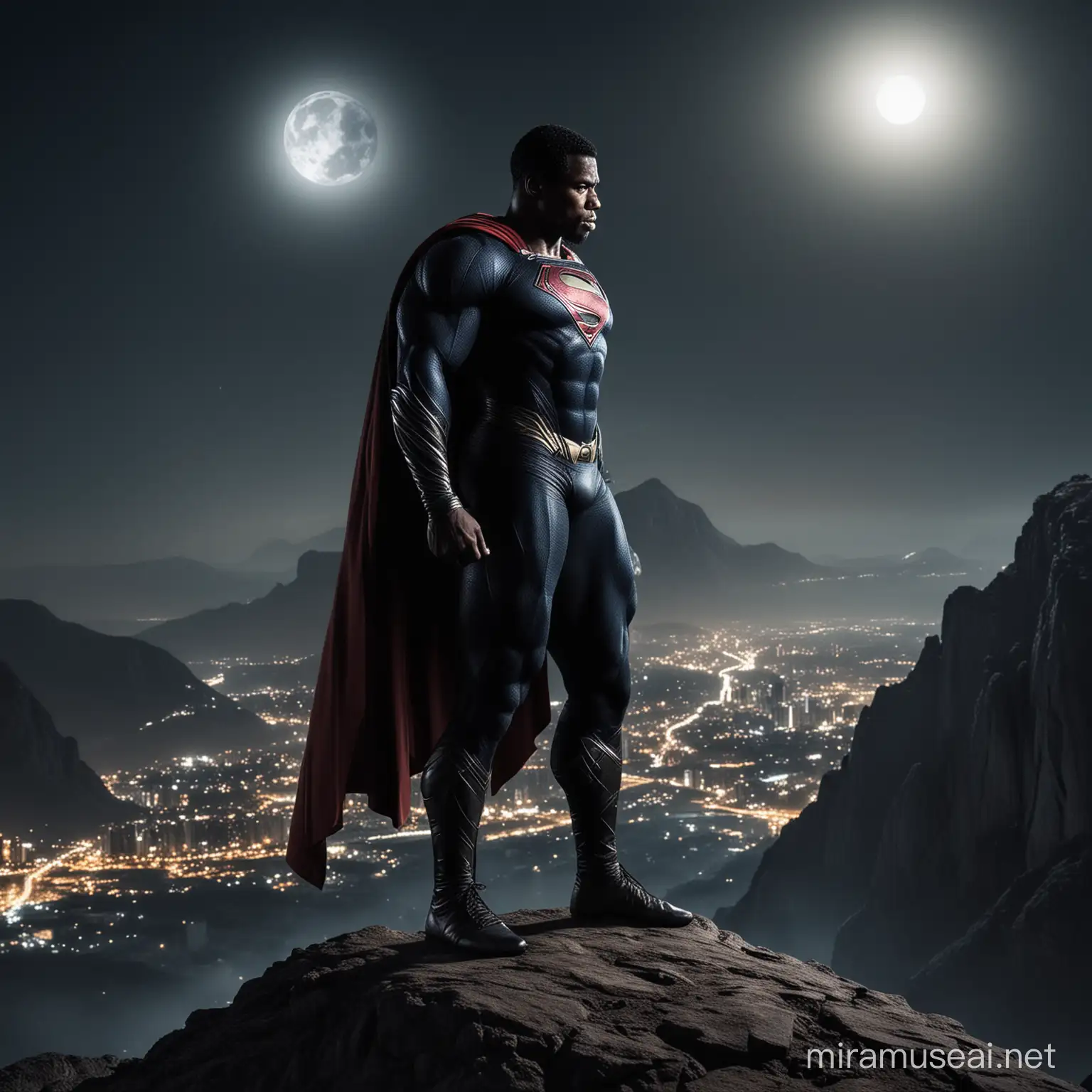 A black African muscle superman standing majestically on the edge of a mountain a backing  a city in distances, night time, moon light , a dramatic light reflection, 