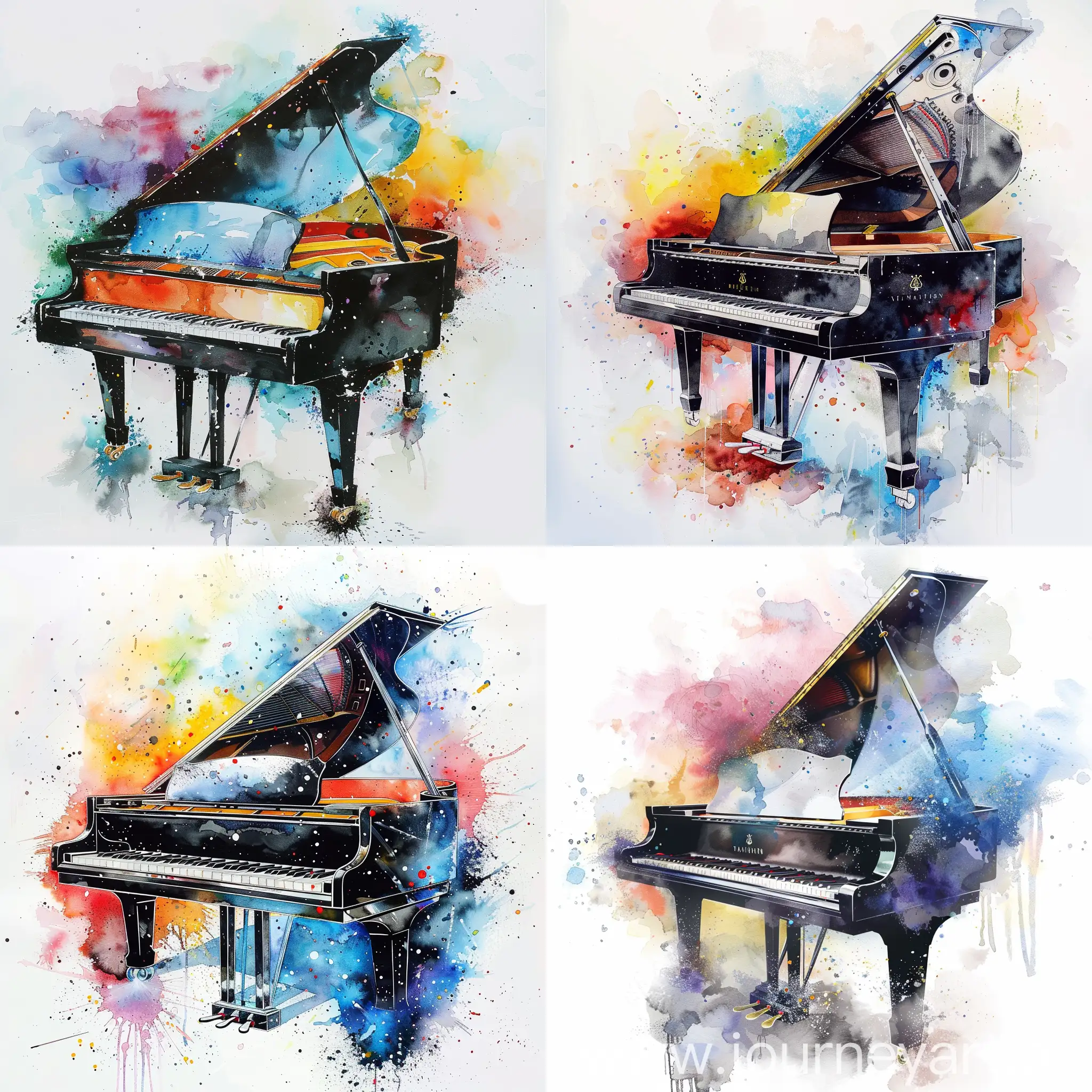 Watercolour-impressionism-abstract multu-coloured clouds-white background-baby grand piano in 3/4 positon with open lid-black, partly translusent and sparkling like a crystal