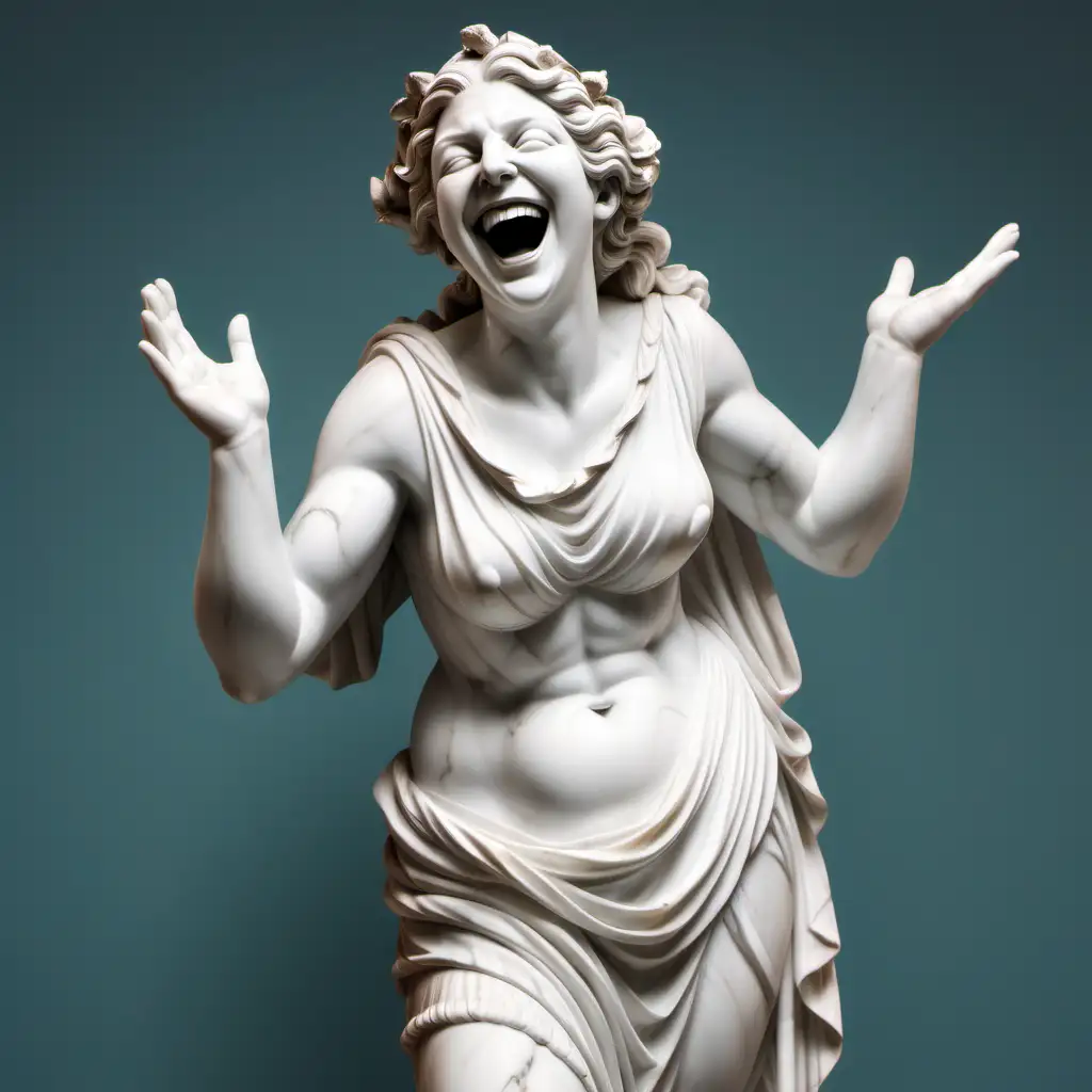 Greek Goddess marble statue laughing hysterically, whole body