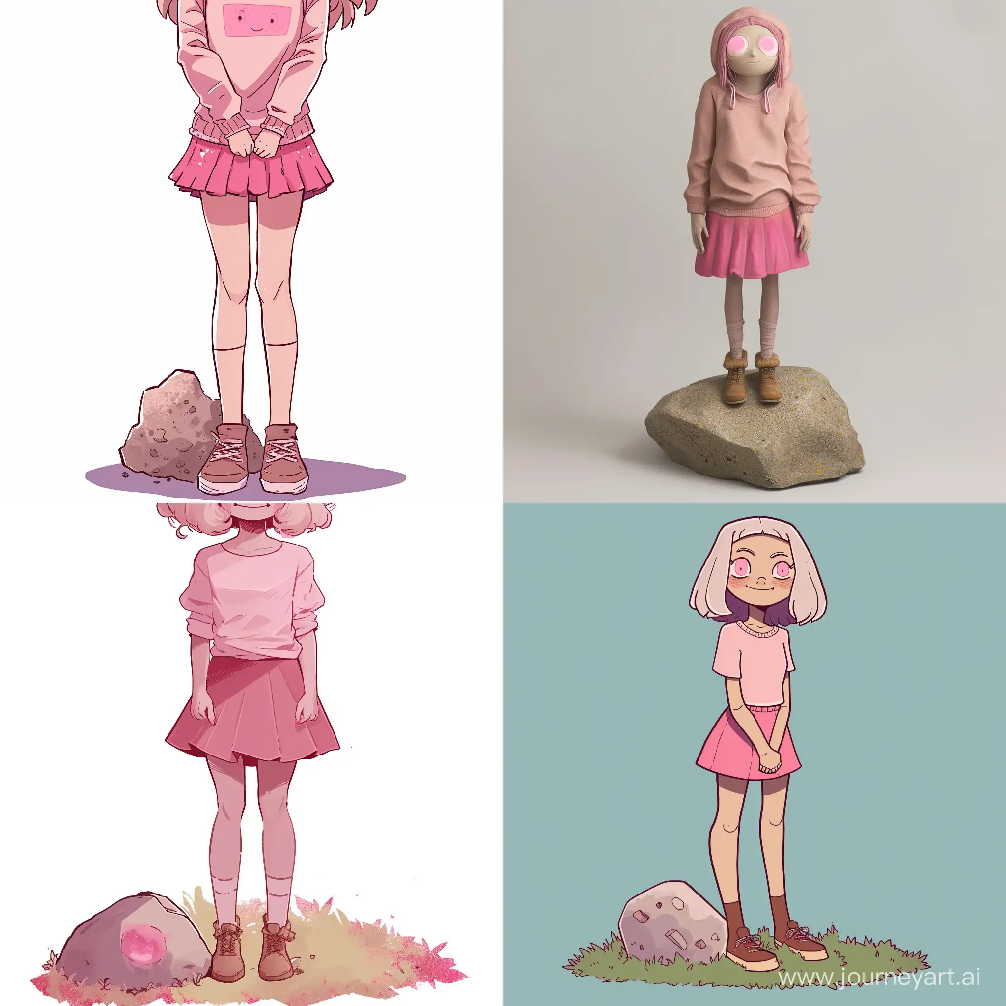 Cheerful-Girl-in-Pink-Attire-Standing-by-Rock-with-Brown-Shoes-and-Pink-Eyes