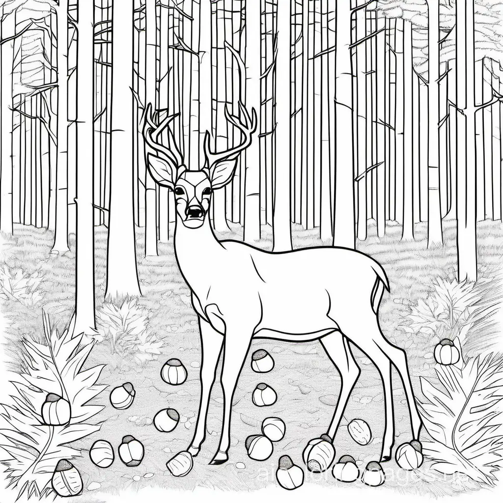 maine pine forest deer eating acorns , Coloring Page, black and white, line art, white background, Simplicity, Ample White Space. The background of the coloring page is plain white to make it easy for young children to color within the lines. The outlines of all the subjects are easy to distinguish, making it simple for kids to color without too much difficulty