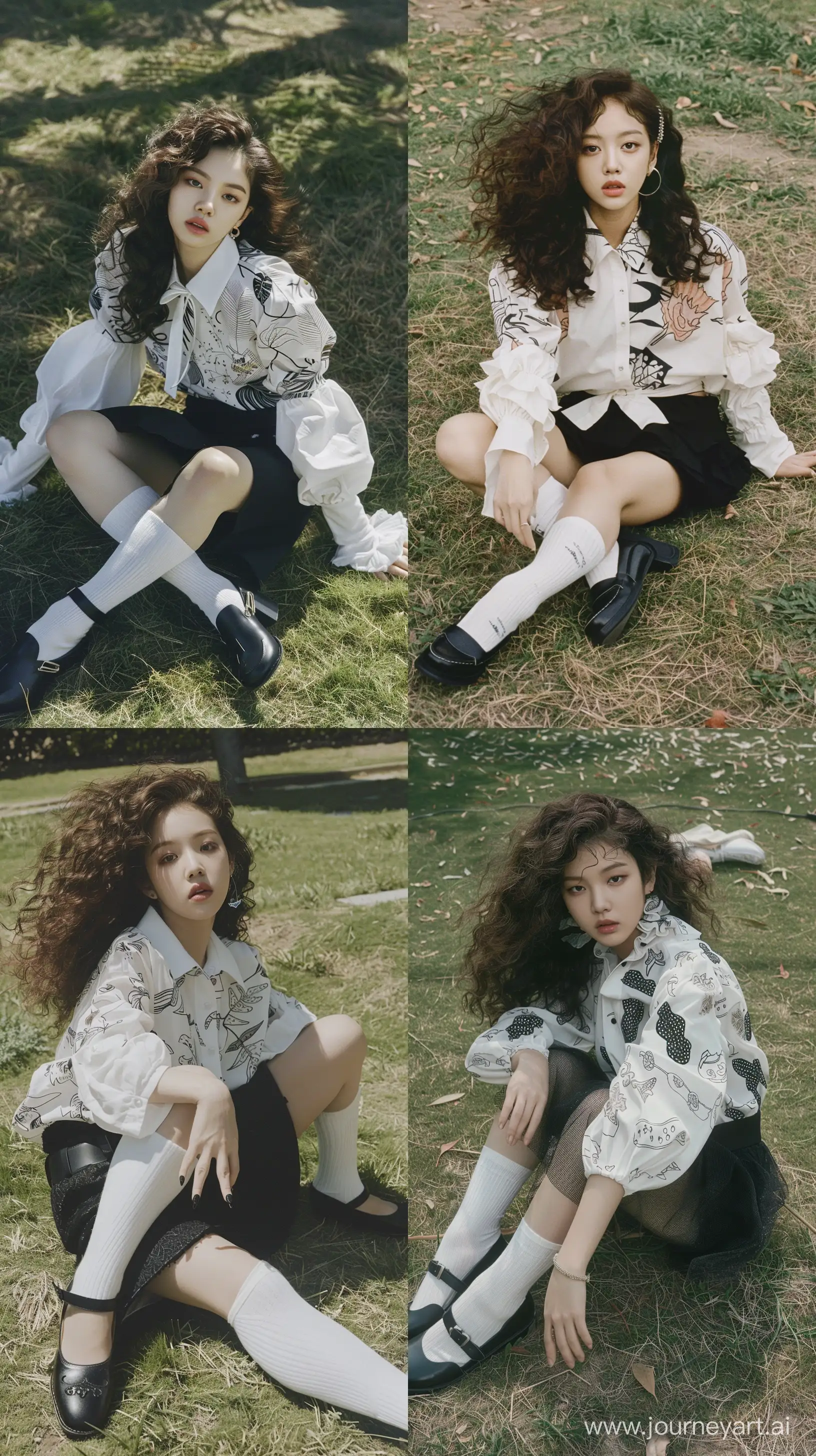 a photo of blackpink's jennie ,wearing white oversize motived blouse and black shortskirt with black flat loafers shoes and white sock,sit on a grass,lowfilm,fujifilm shoot, curly hair,elegant girl --ar 9:16