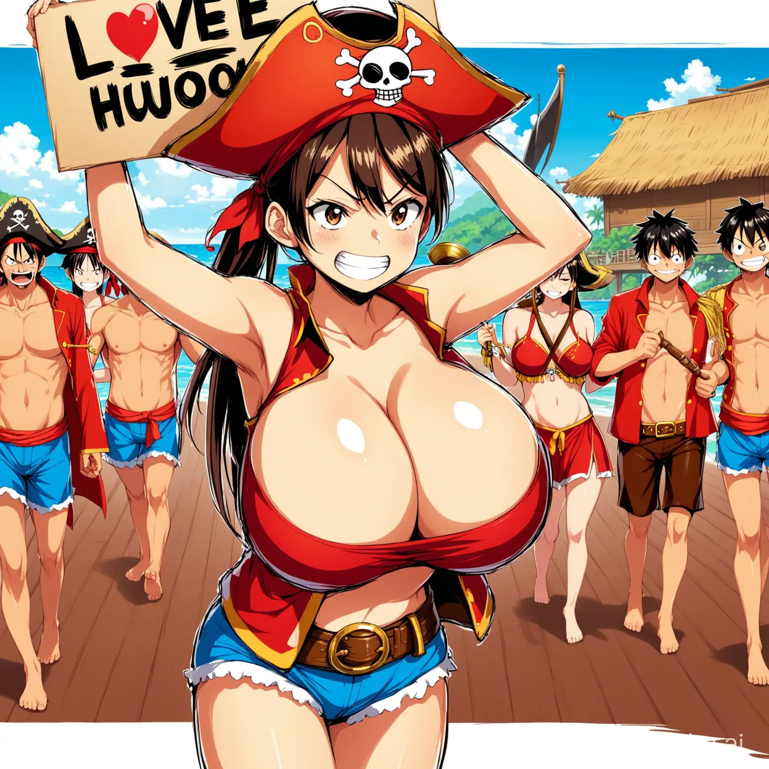 1girl, Pirate King Luffy, with big breasts, holding a sign in her hand that said I Love huotuzi
