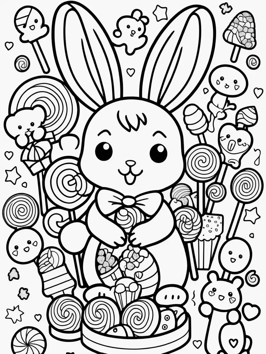 Coloring page for kids with a cute kawaii rabbit with a lot of candies all around, lollipops, sweets, gummy bears and jellies, black lines, white background, only black and white