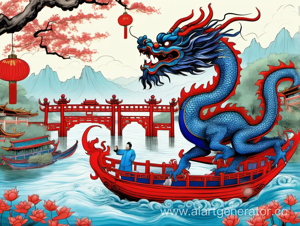 big blue dragon at the red Chinese temple among lotuses in blue with Mao Zedong in Chinese national attire and with a lantern in hand around river boat and bridge
