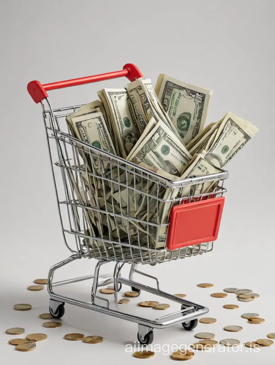 a-shopping-cart-filled-with-money-on-a-white-surface