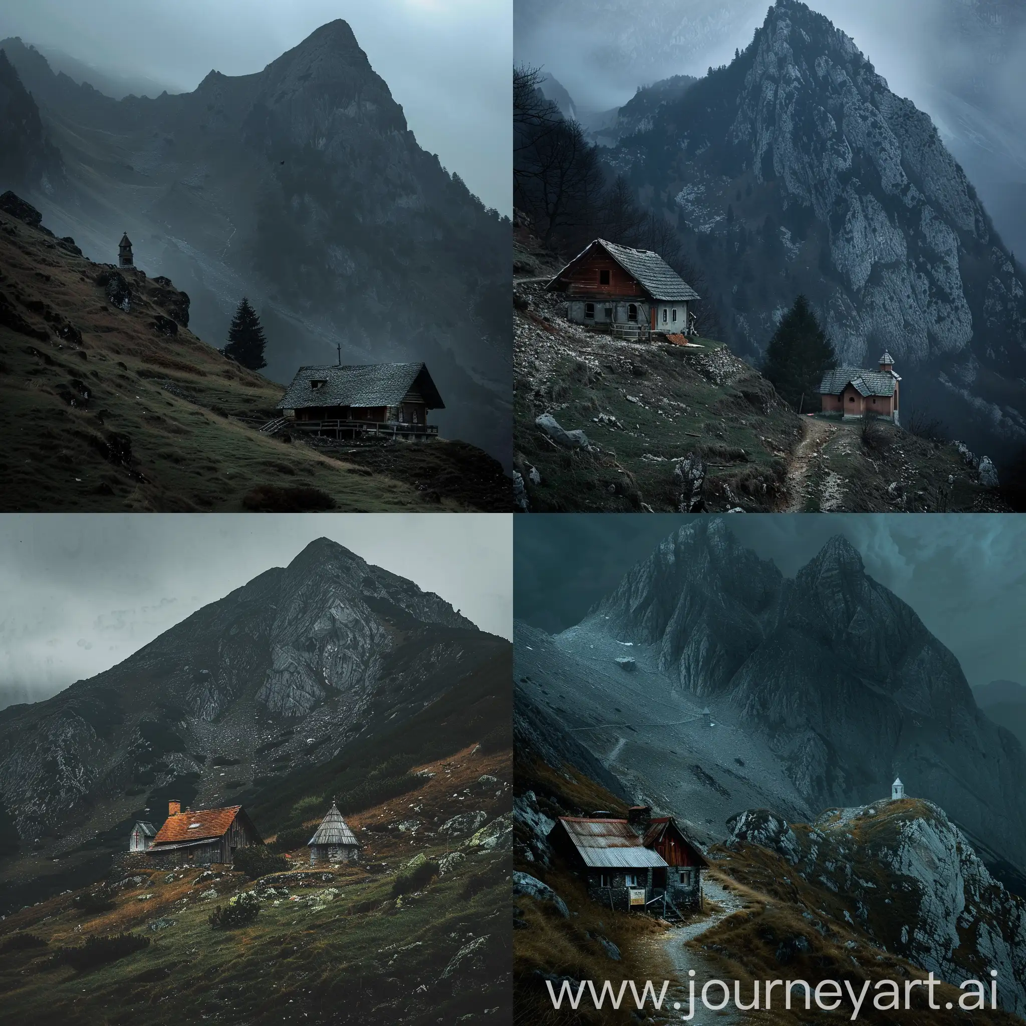 Serene-Romanian-Mountain-Hut-with-Chapel-Amidst-Gloomy-Landscape