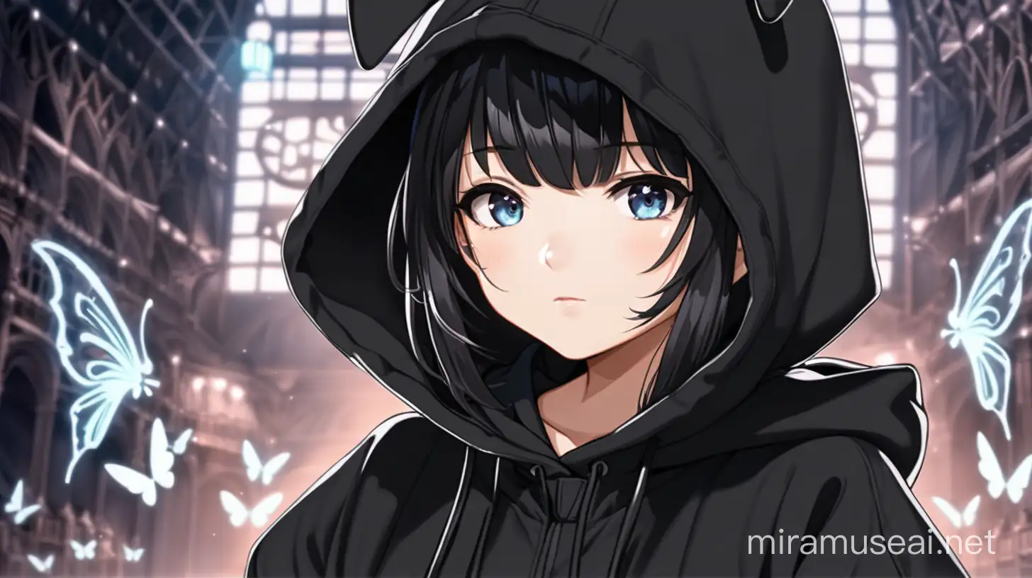 Adorable Anime Girl with Black Hair in Butterfly Hoodie