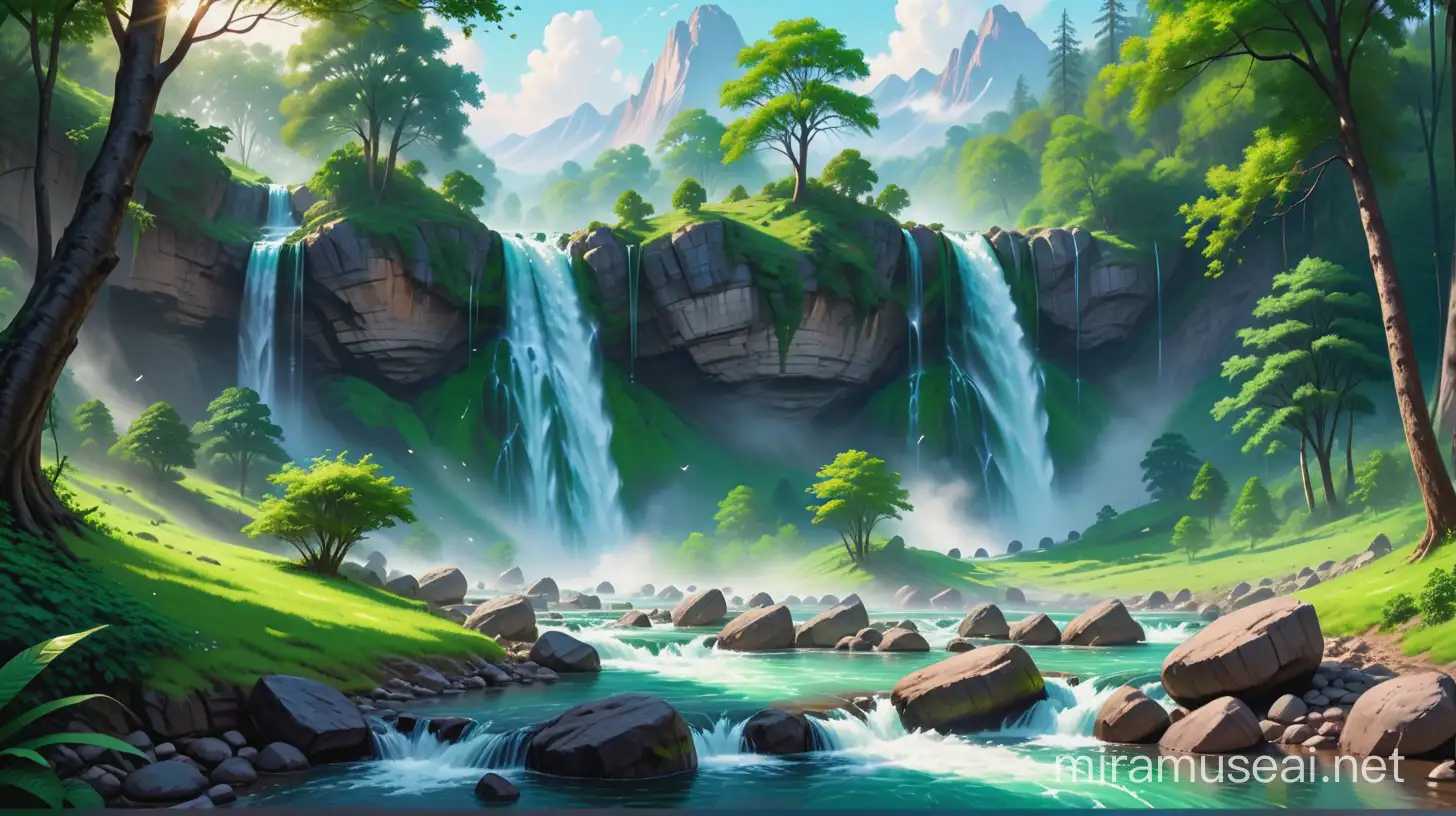 painting of a big water falls stream running through a lush green forest filled with rocks, beautiful digital painting, 4 k digital painting, 4k digital painting, high quality digital painting, detailed painting 4 k, gorgeous digital painting, beautiful flowing feeling, detailed digital painting, highly detailed digital painting, 8 k resolution digital painting, 8k resolution digital painting, detailed 4 k painting, stunning digital painting