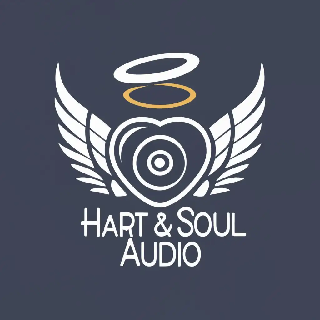 logo, heart backdrop with angel wings with a speaker and sound waves coming out of it, with the text "Hart & Soul Audio", typography, be used in Technology industry