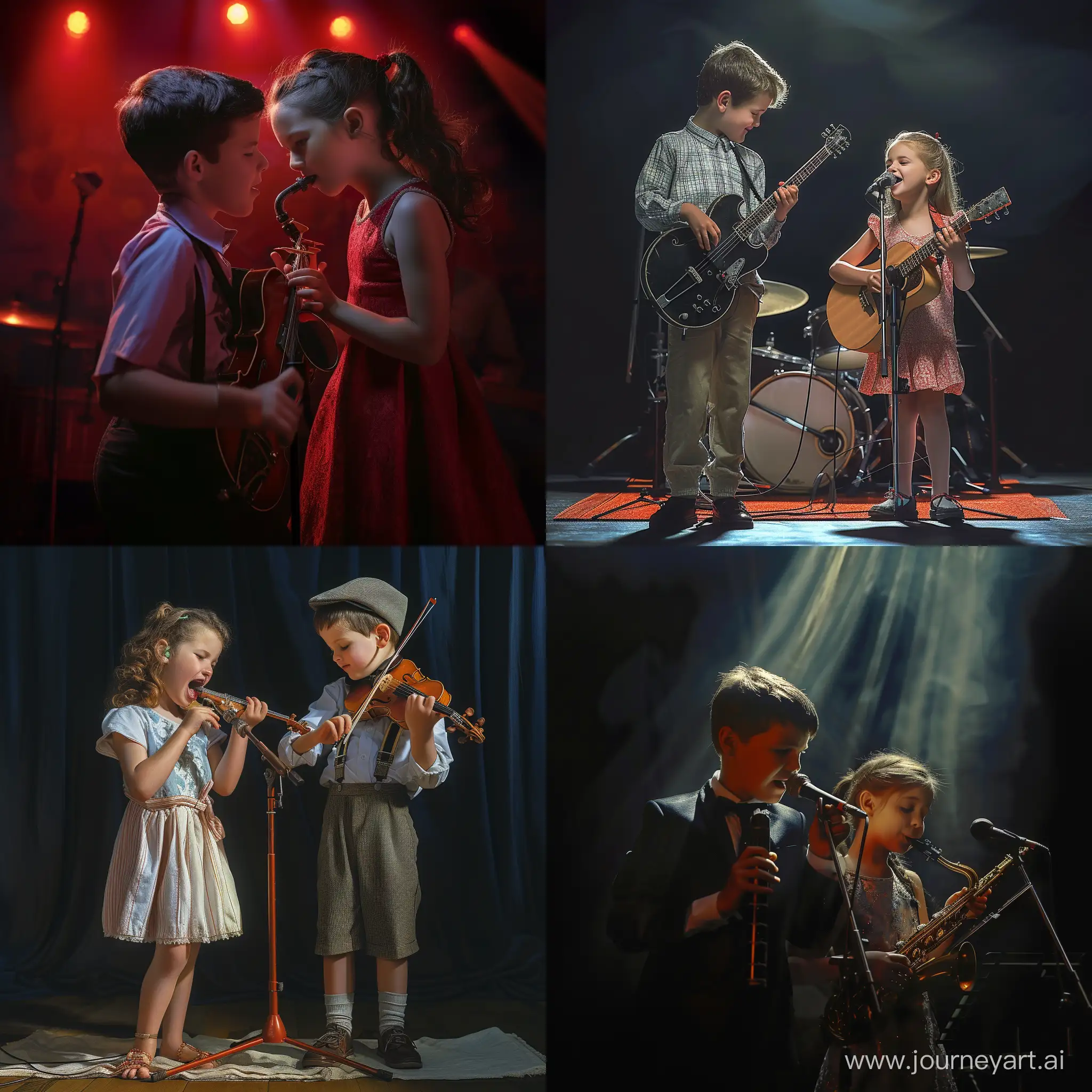 Мальчик и девочка поют на сцене и играют на музыкальных инструментах, фотография, гиперреализм, высокое разрешение