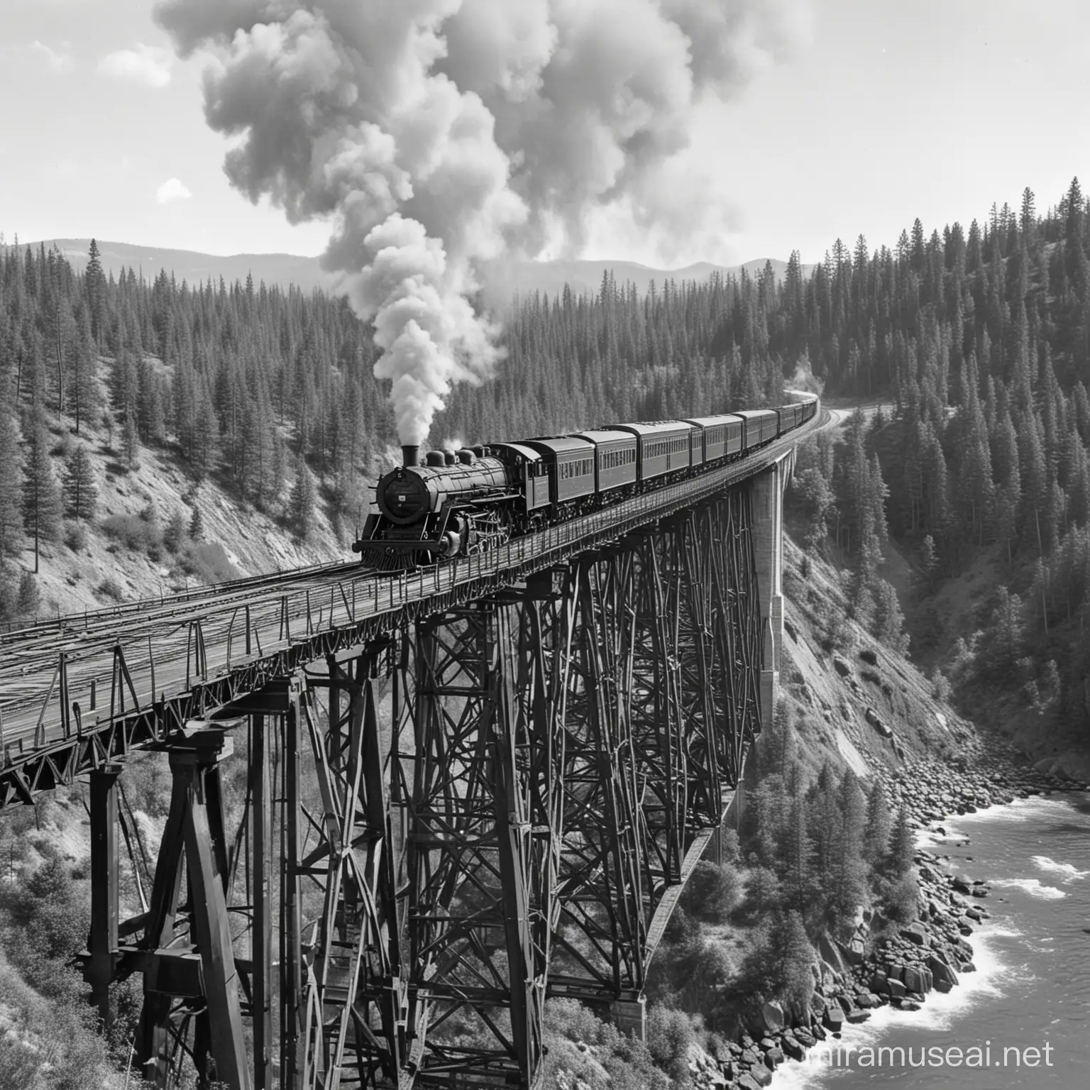 historical photo of steam train crossing trestle bridge